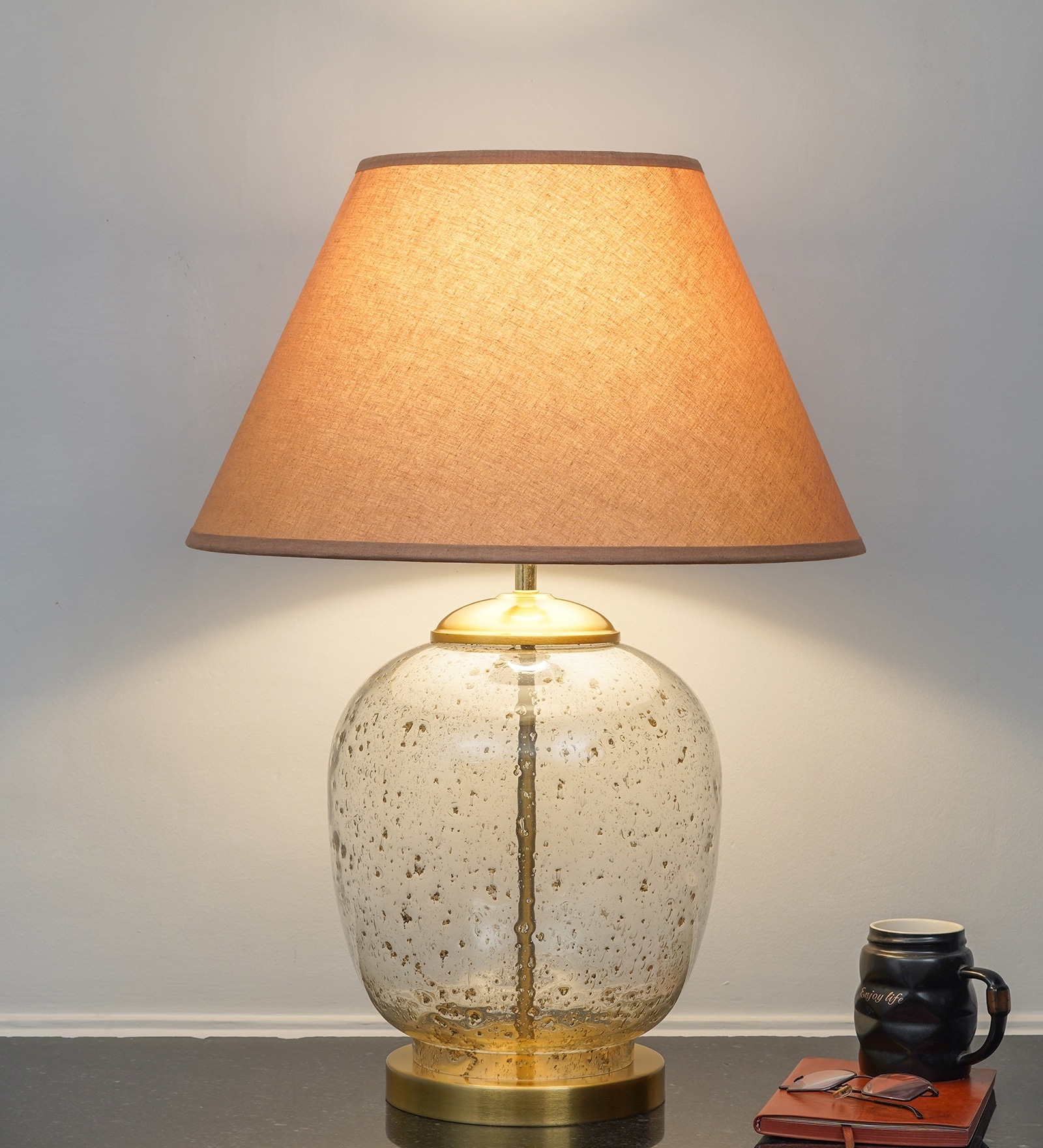 Secret Water Droplets On Glass And Brass Finish Metal Large Table Lamp With Beige Cotton Shade