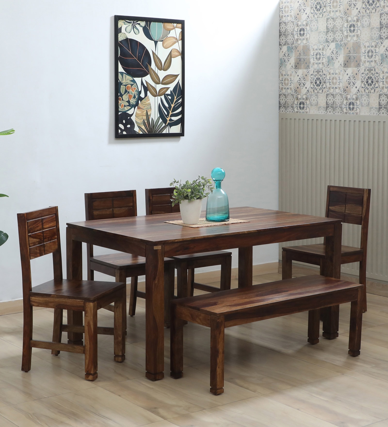 Segur Sheesham Wood 6 Seater Dining Set (1 Table + 4 Chairs + 1 Bench) In Provincial Teak Finish