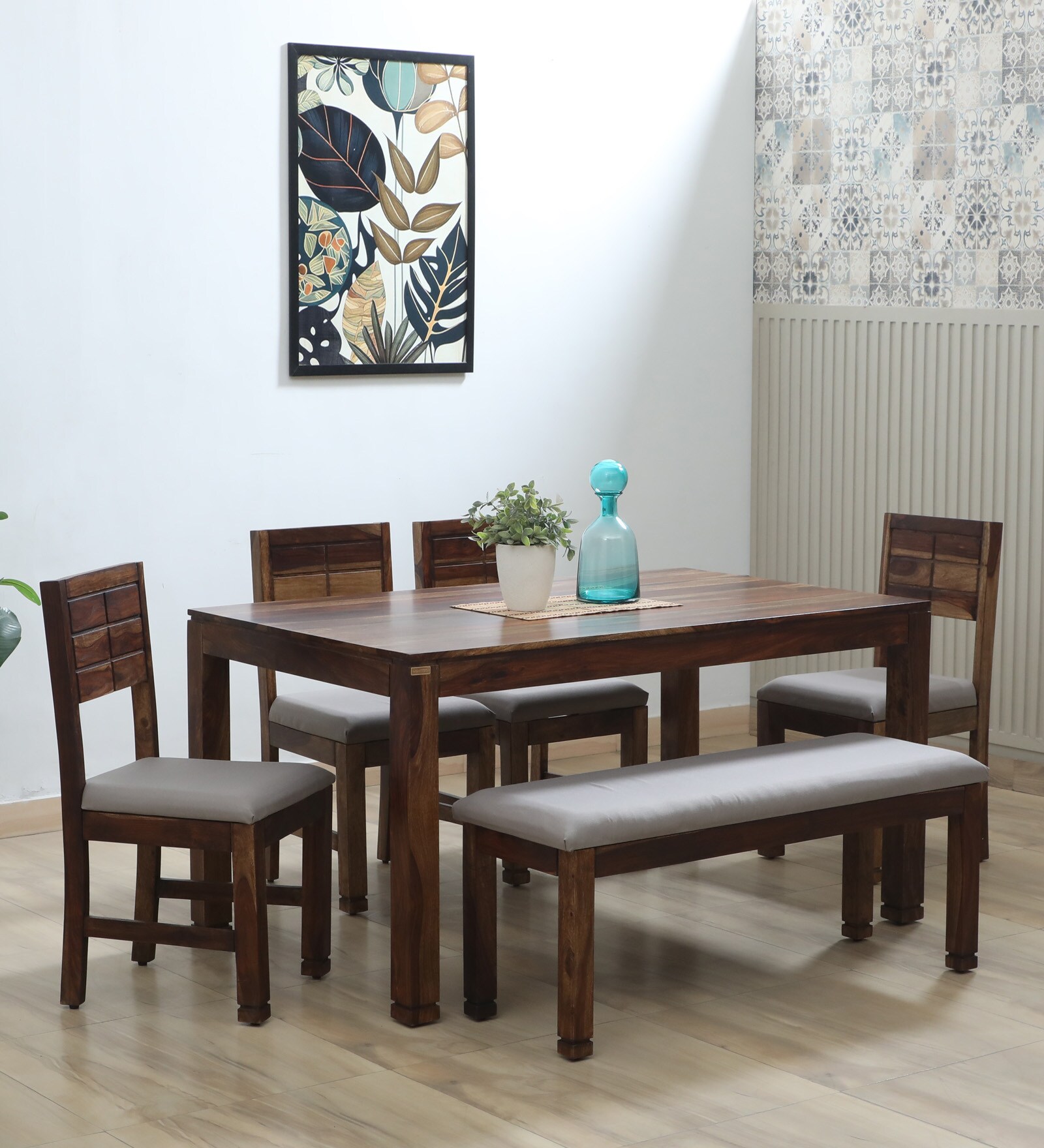 Segur Sheesham Wood 6 Seater Dining Set In Provincial Teak Finish with 01 Table 01 Bench and 4 Chairs Segur Sheesham Wood 6 Seater Dining Set In Provincial Teak Finish with 01 Table 01 Bench and 4 Chairs