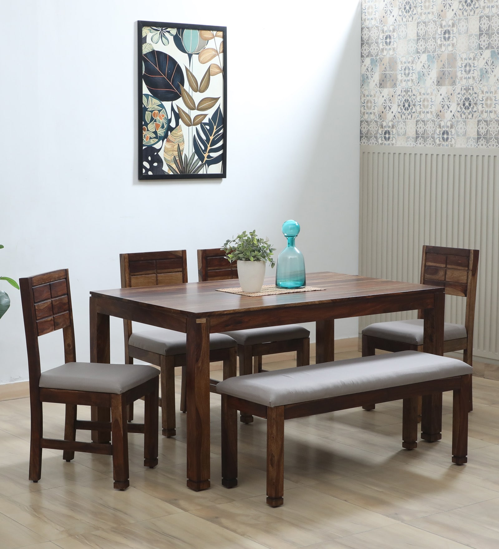 Segur Sheesham Wood 6 Seater Dining Set In Provincial Teak Finish with 01 Table 01 Bench and 4 Chairs