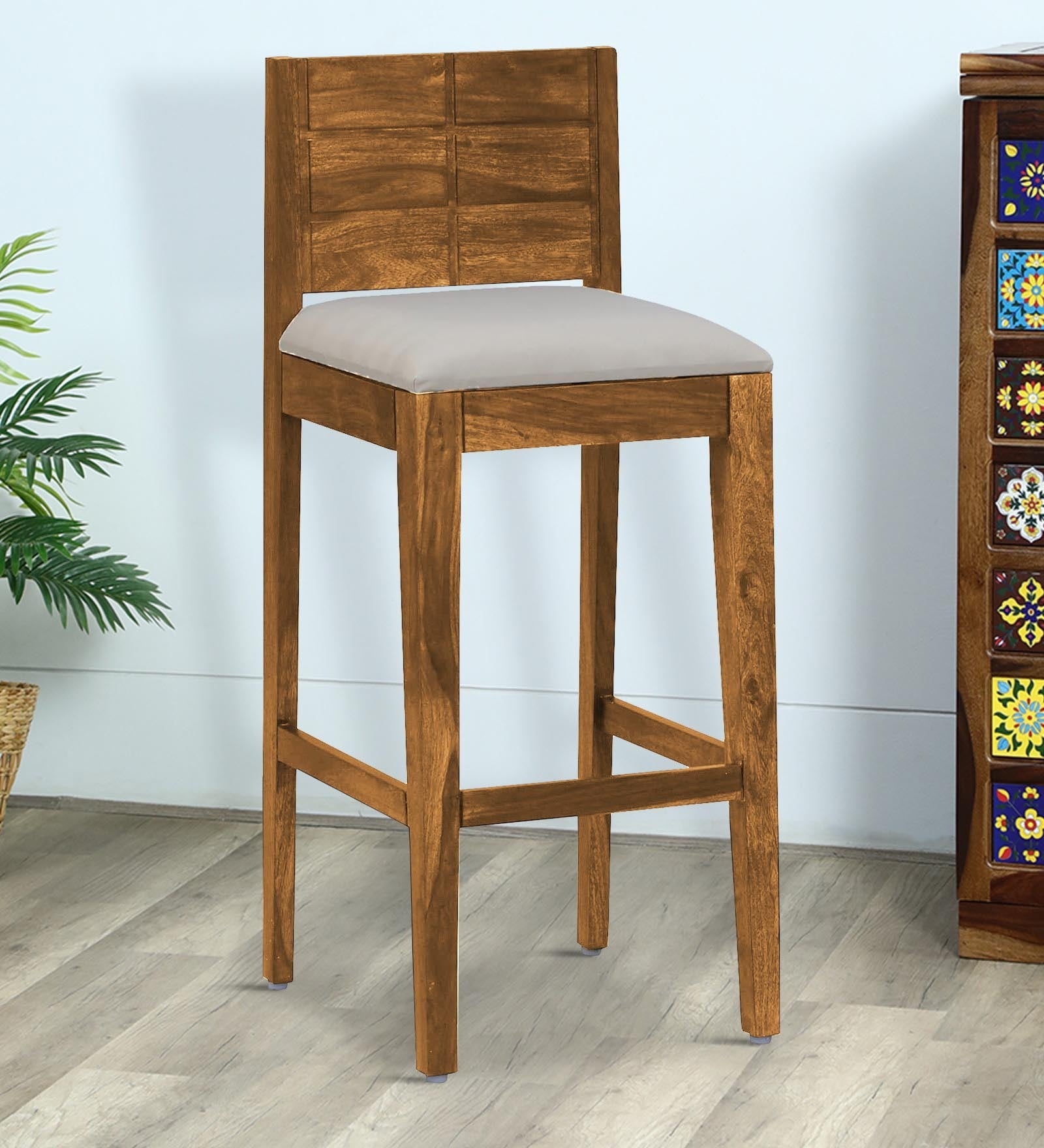 Segur Sheesham Wood Full Back Bar Stool In Rustic Teak Finish with Grey Cushion