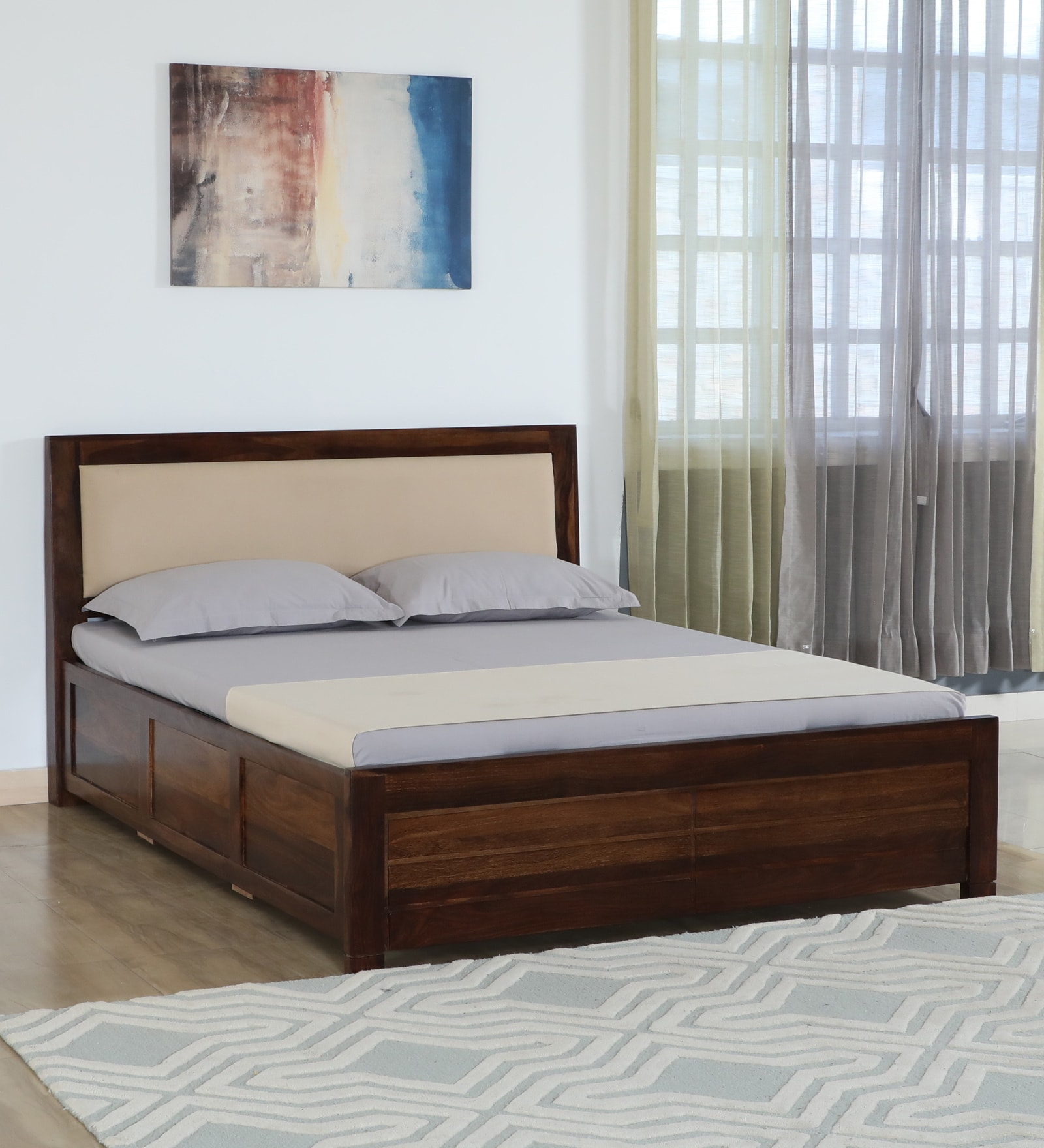Segur Sheesham Wood King Size Bed In Provincial Teak Finish With Beige Padded Headboard Hydraulic Storage