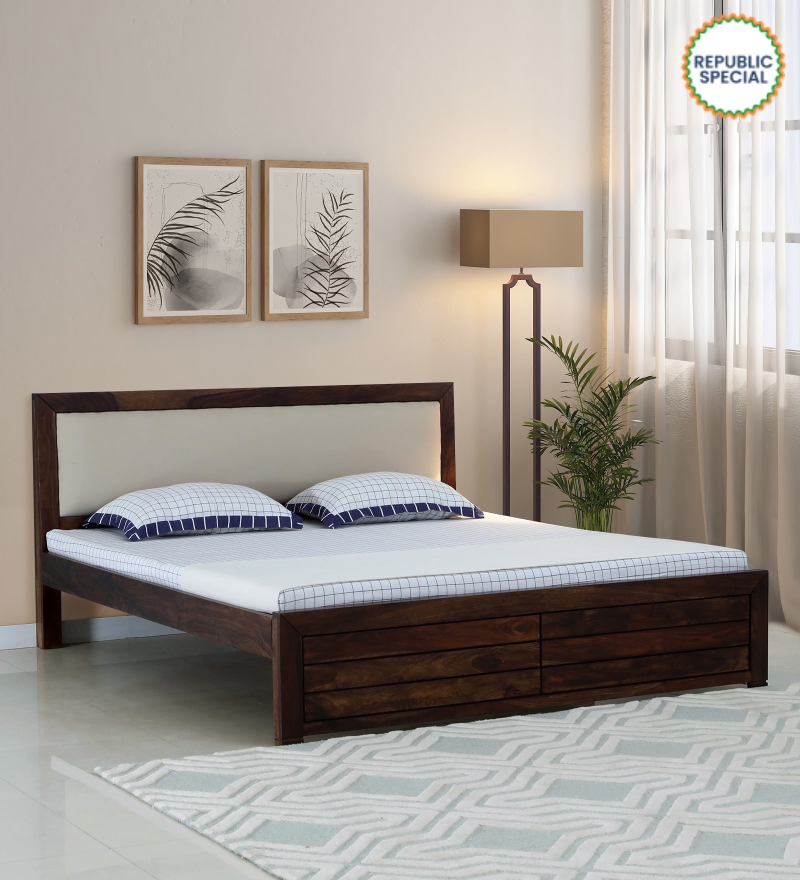 Segur Sheesham Wood King Size Bed In Provincial Teak Finish with Beige Padded Headboard