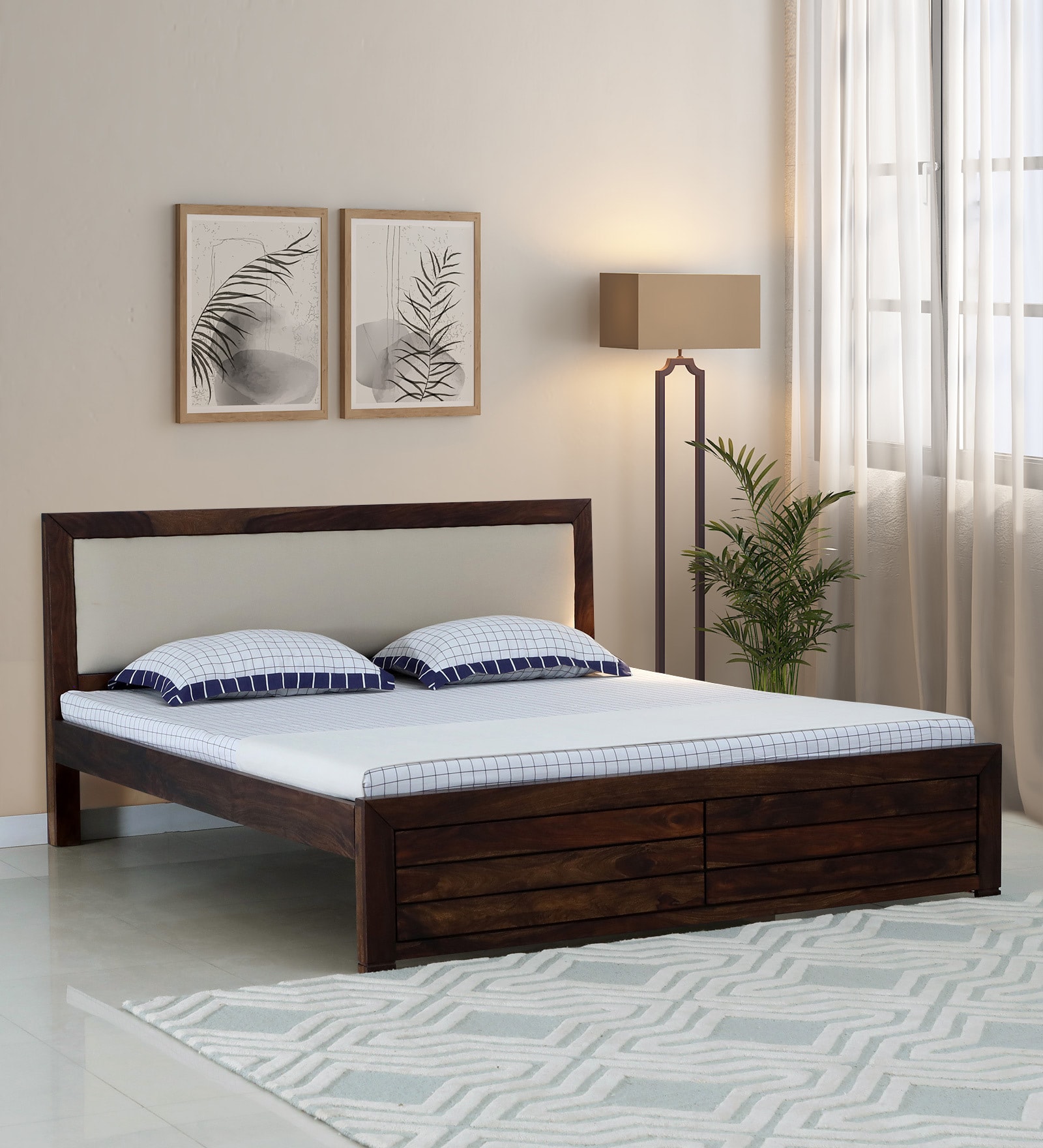 Segur Sheesham Wood King Size Bed In Provincial Teak Finish with Beige Padded Headboard