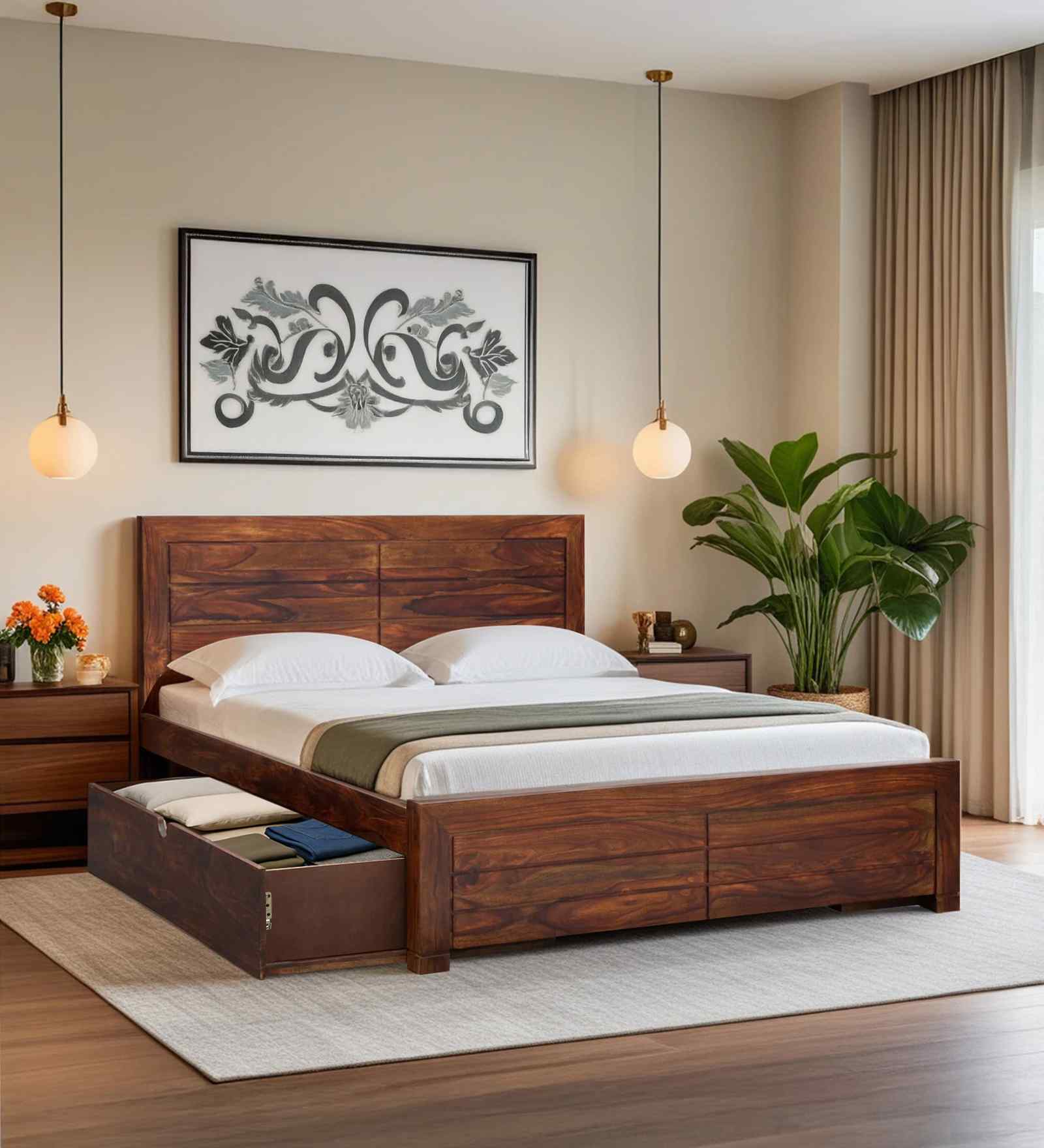 Segur Sheesham Wood King Size Bed In Provincial Teak Finish With Drawer Storage