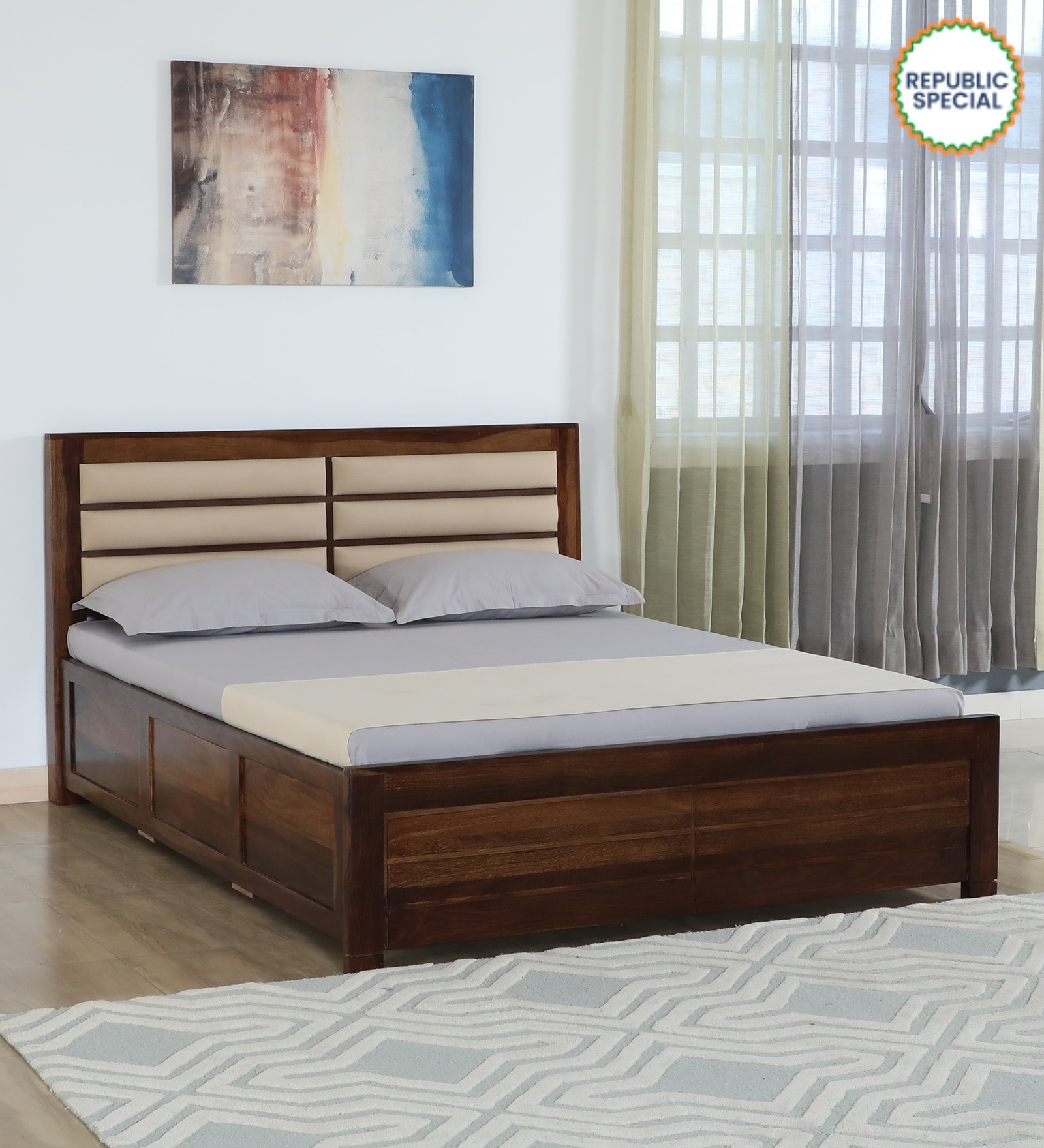 Segur Sheesham Wood King Size Bed In Provincial Teak Finish With Padded Headboard Hydraulic Storage
