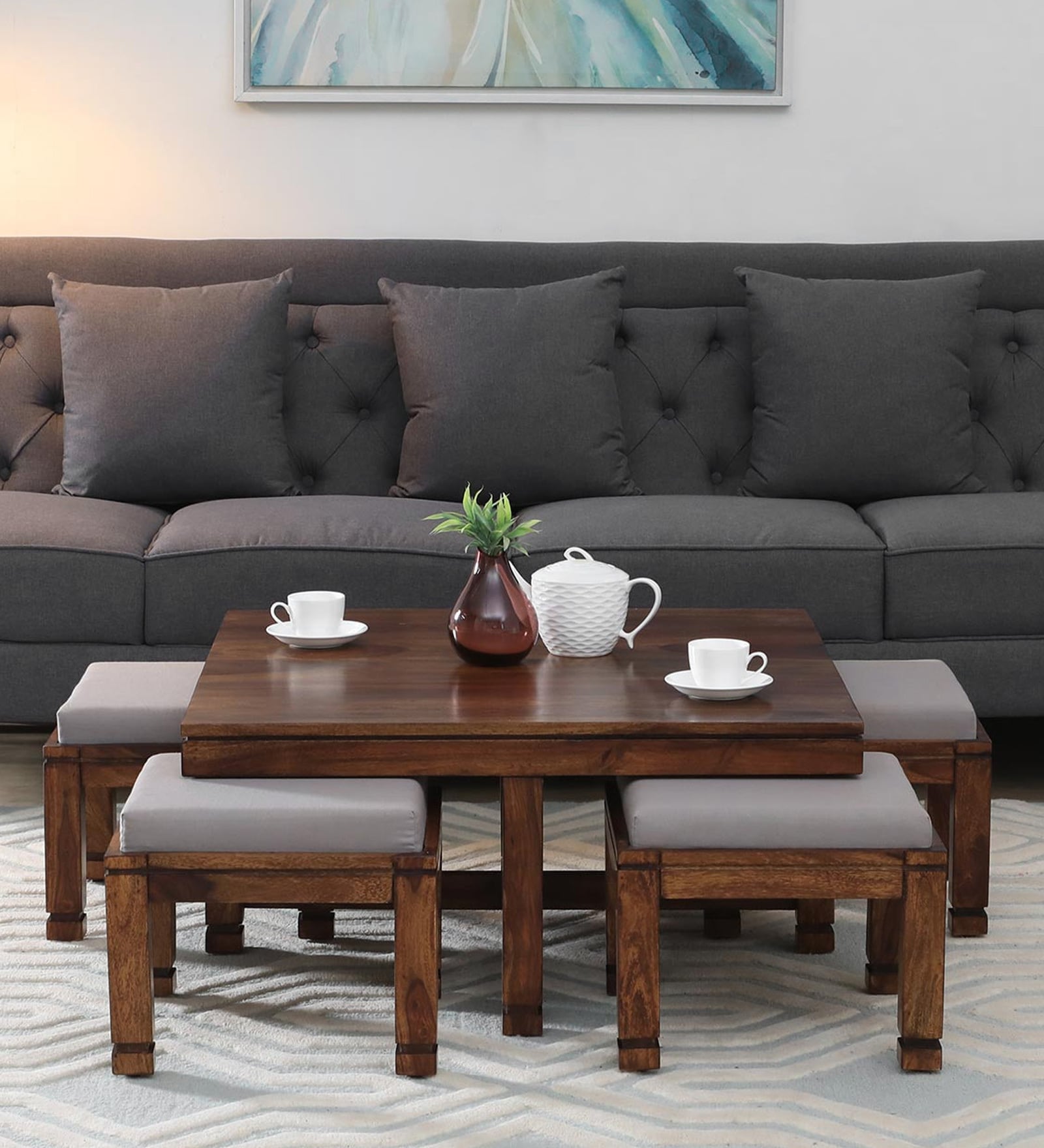 Segur Sheesham Wood Nesting Coffee Table Set in Provincial Teak Finish With Cushioned Stools