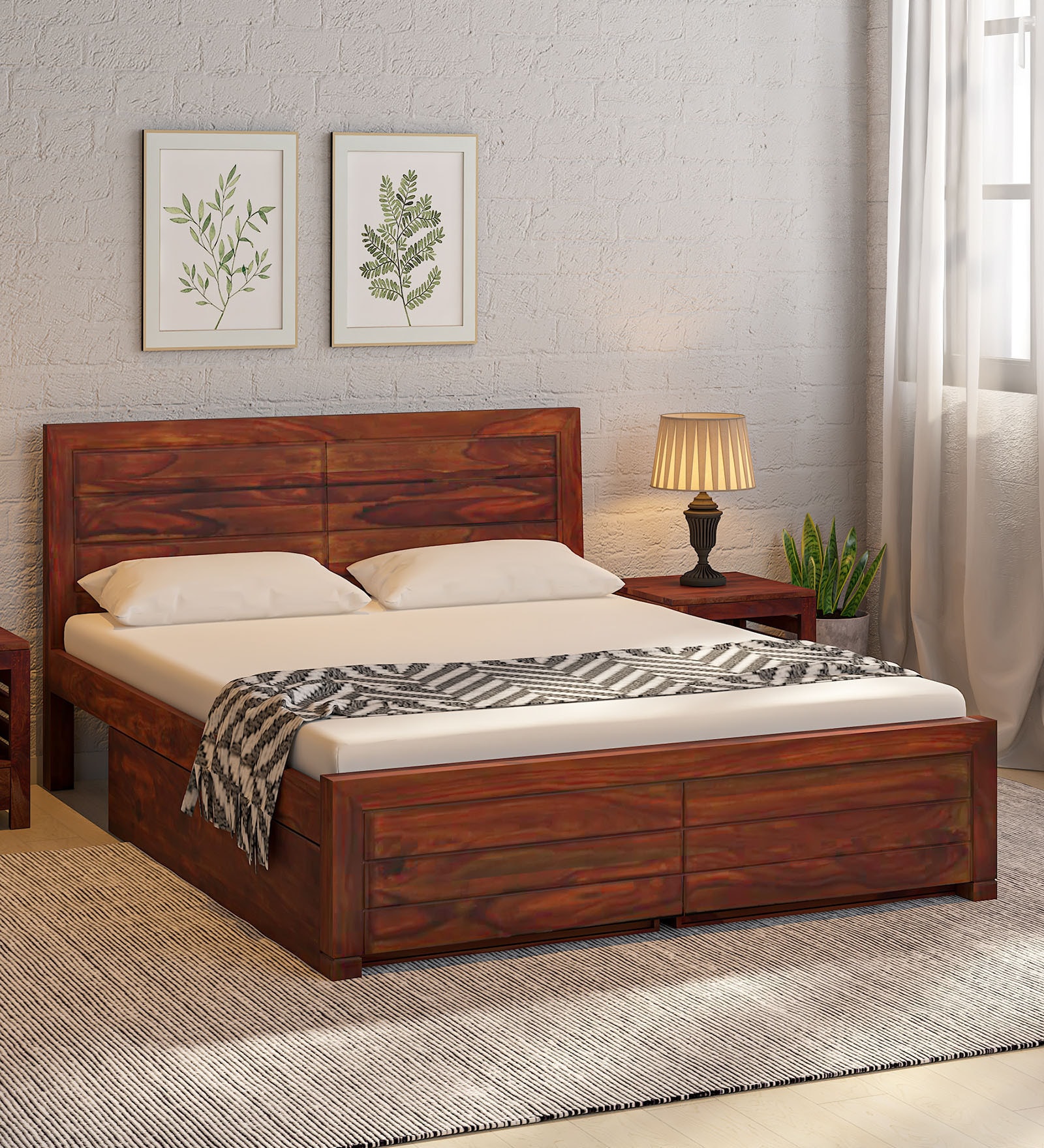 Segur Sheesham Wood Queen Size Bed In Honey Oak Finish With Drawer Storage