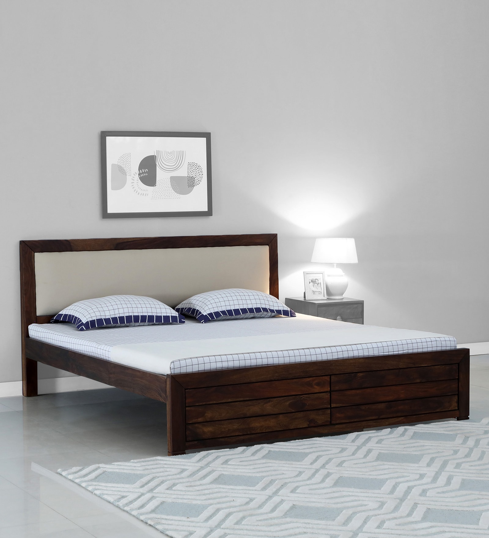 Segur Sheesham Wood Queen Size Bed In Provincial Teak Finish with Beige Padded Headboard
