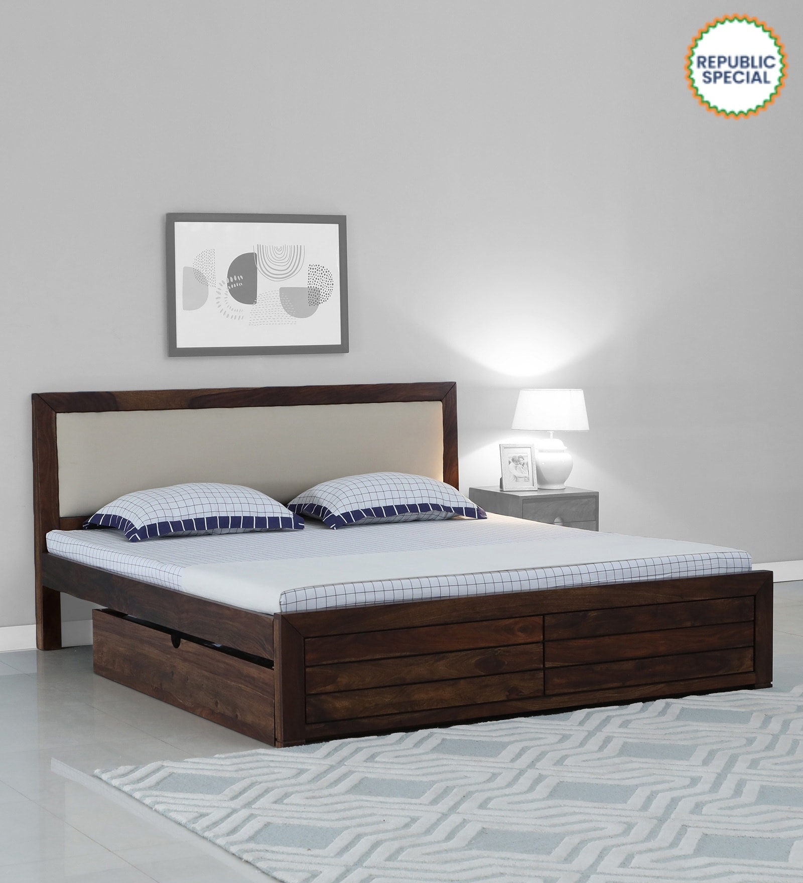 Segur Sheesham Wood Queen Size Bed In Provincial Teak Finish With Drawer Storage