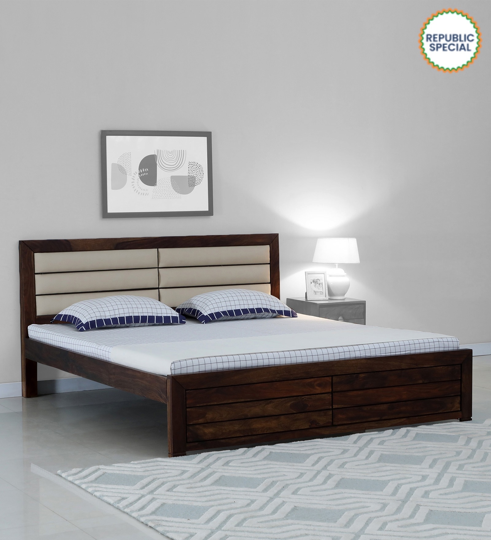 Segur Sheesham Wood Queen Size Bed In Provincial Teak Finish with Padded Headboard
