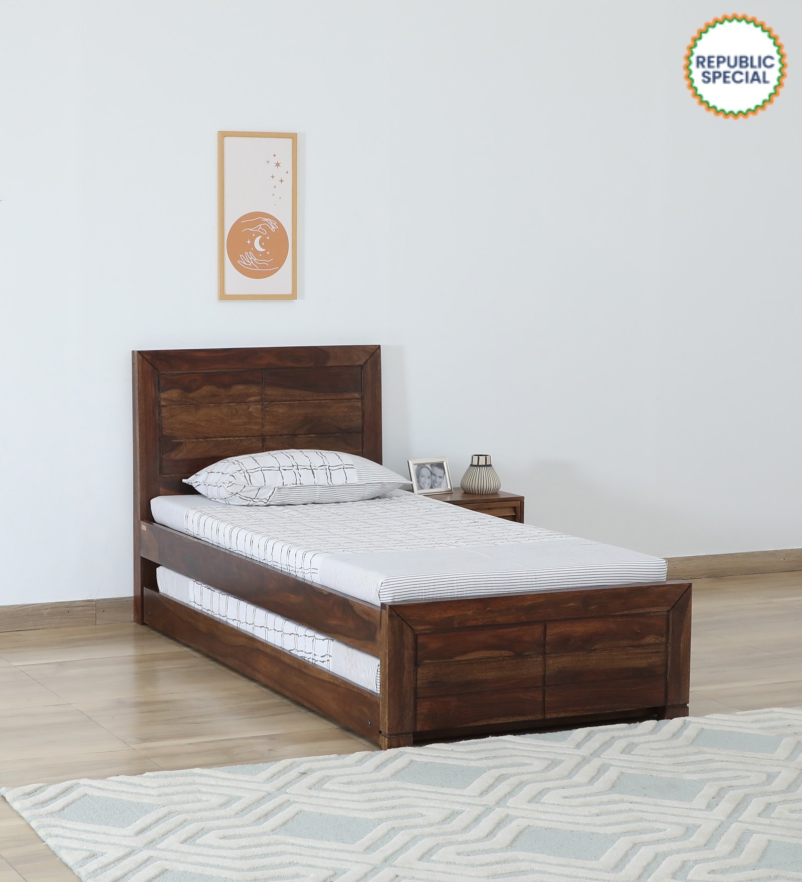 Segur Sheesham Wood Single Bed In Provincial Teak Finish With Trundle