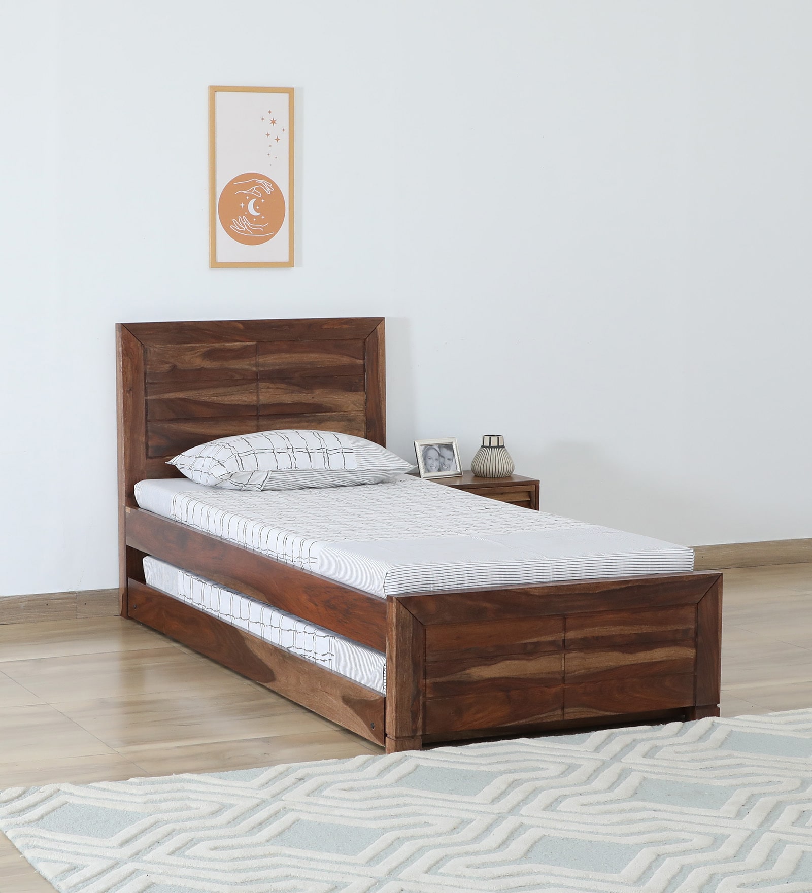 Segur Sheesham Wood Single Bed In Rustic Teak Finish With Trundle