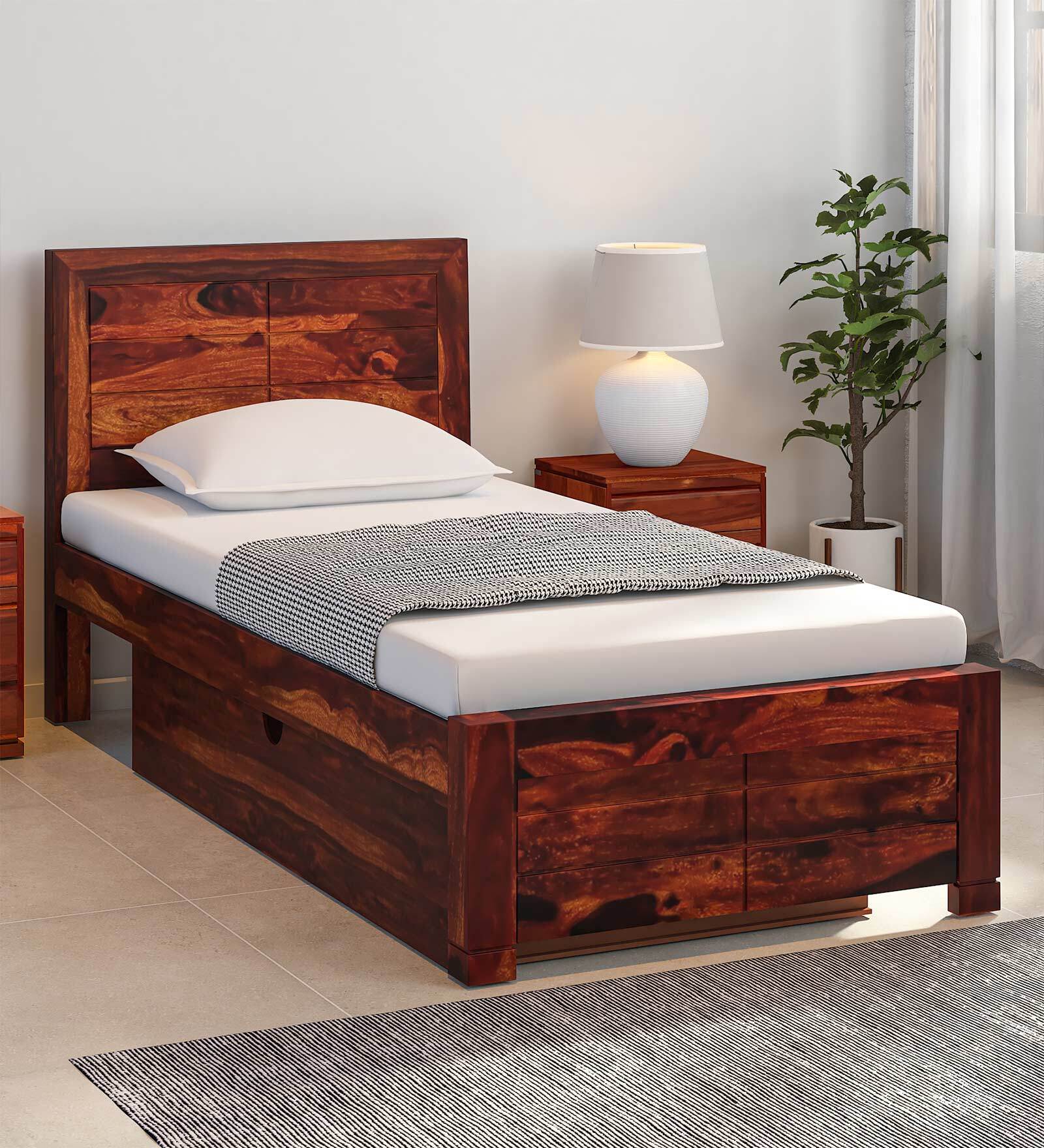 Segur Sheesham Wood Single Bed In Honey Oak Finish With Drawer Storage