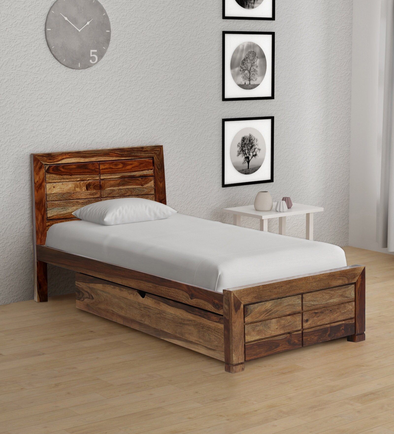 Segur Sheesham Wood Single Bed In Rustic teak Finish With Drawer Storage