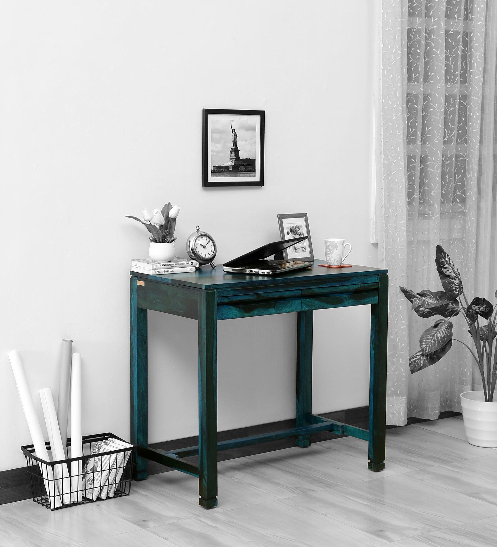 Segur Sheesham Wood Study Table In Ocean Blue Finish
