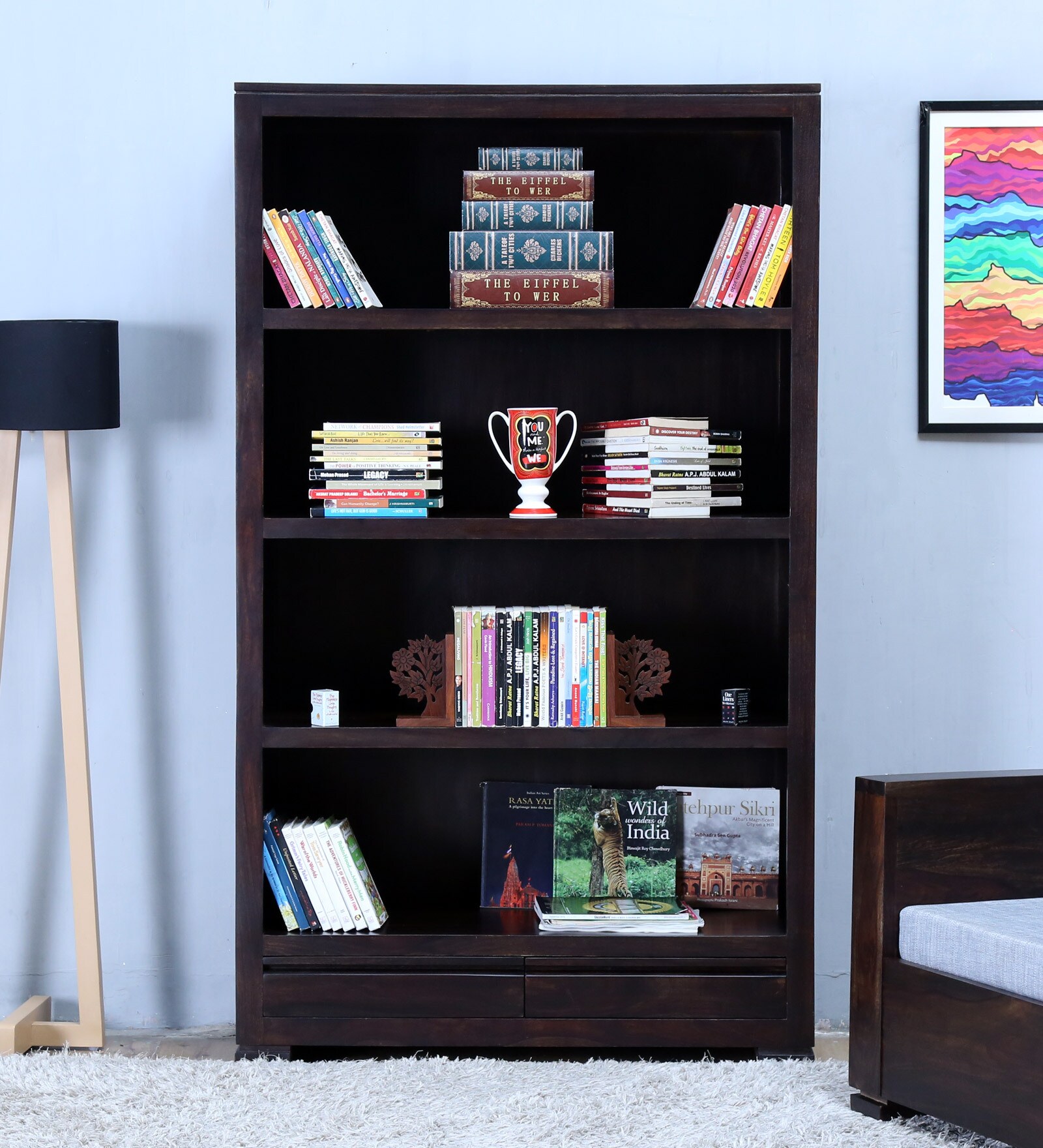 Segur Solid Wood Tall Book Shelf in Warm Chestnut Finish