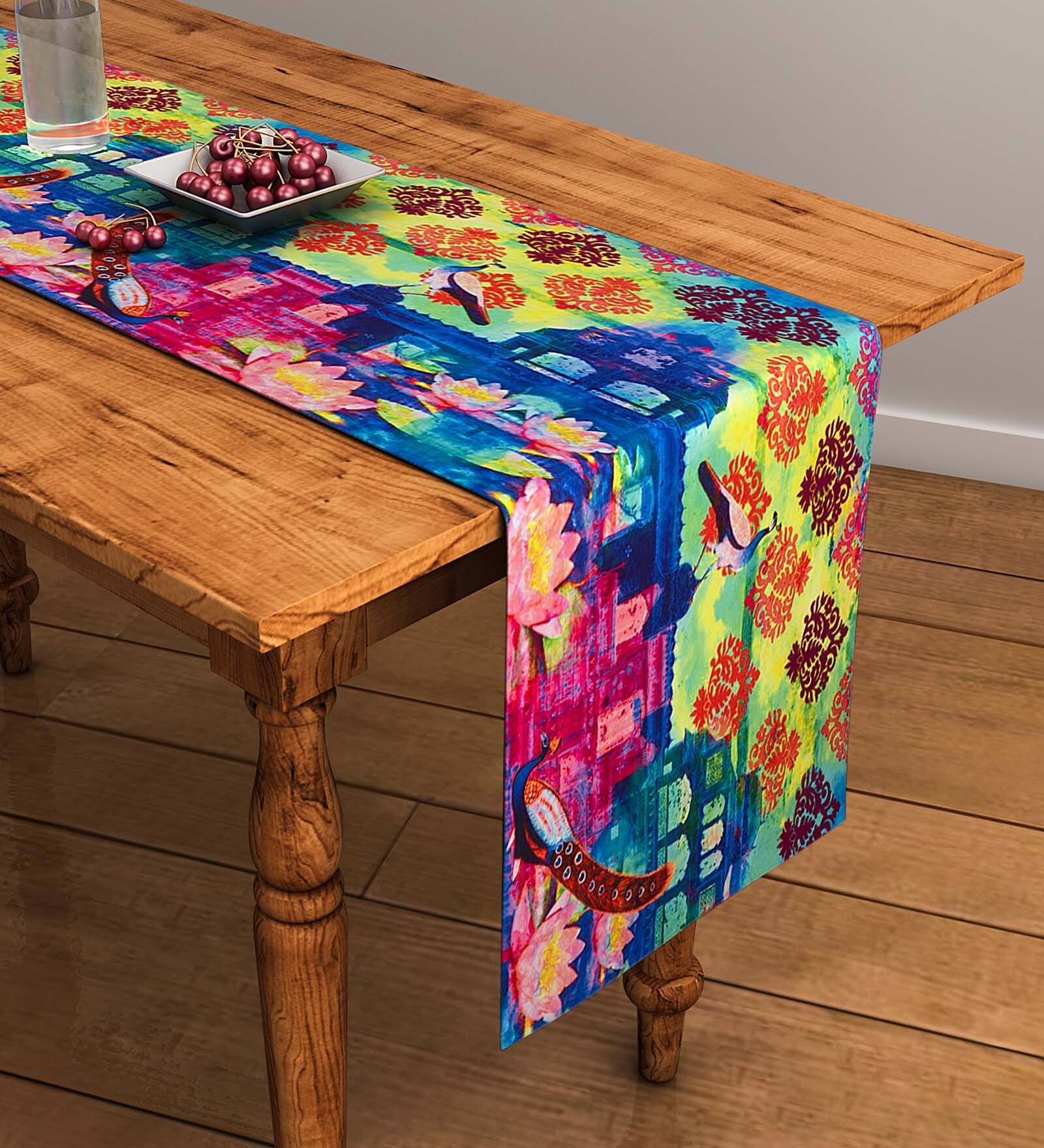 Boho Floral (47x12) Blue & Pink Cotton Table Runner