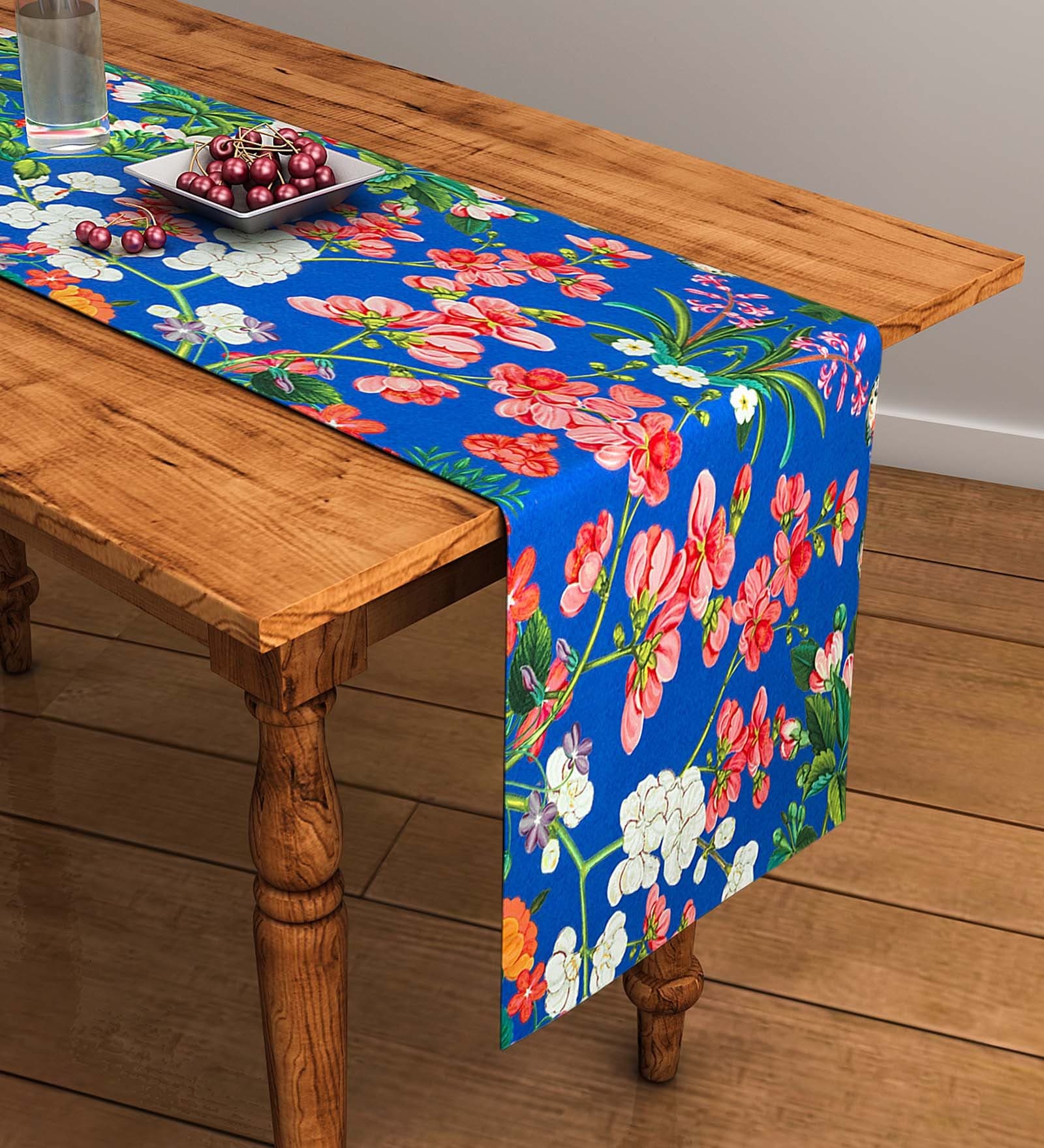 Floral (47x12) Blue & Red Cotton Table Runner