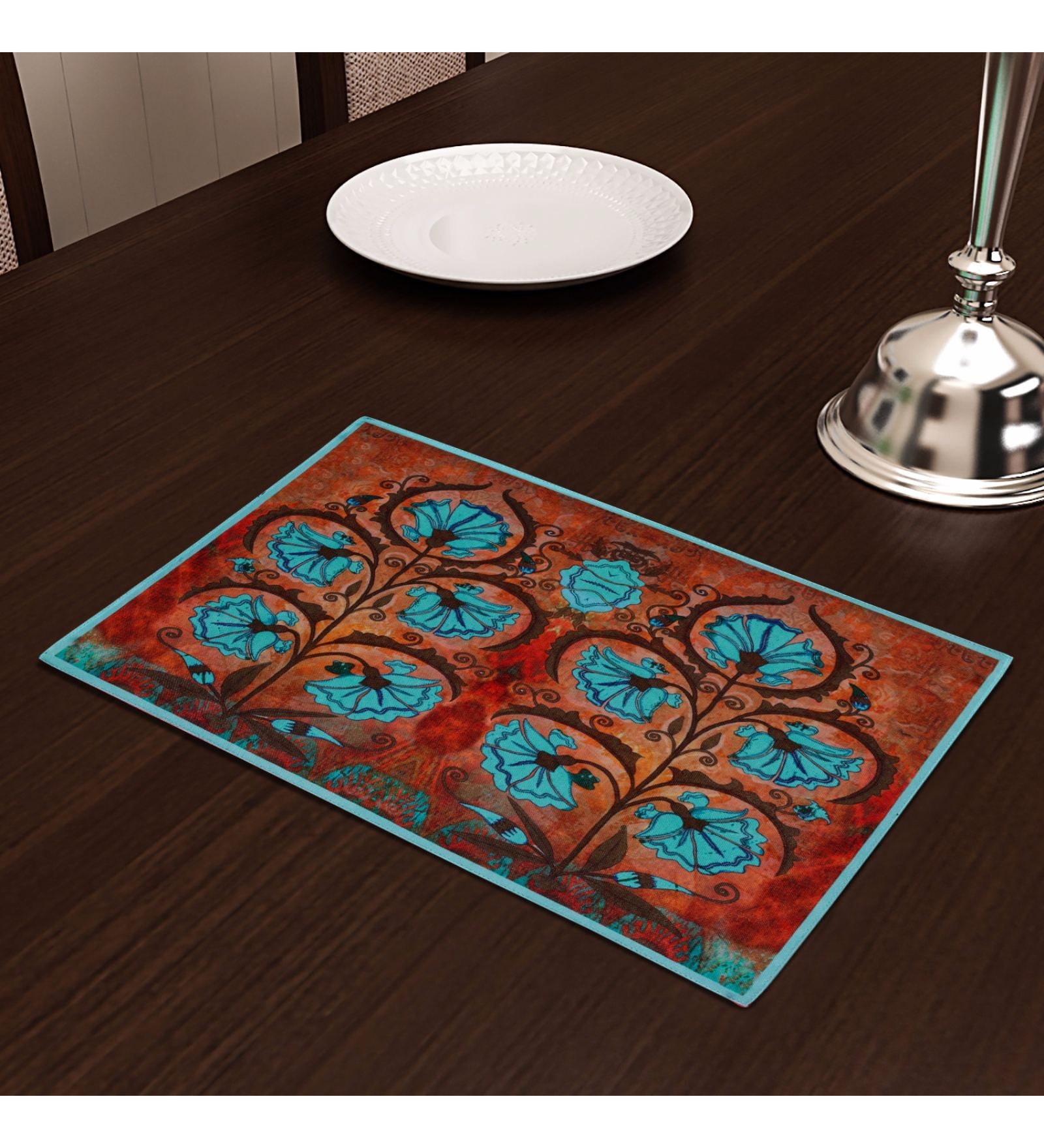 Floral Prined Brown Cotton 18x12 Inches Placemats (Set of 4)