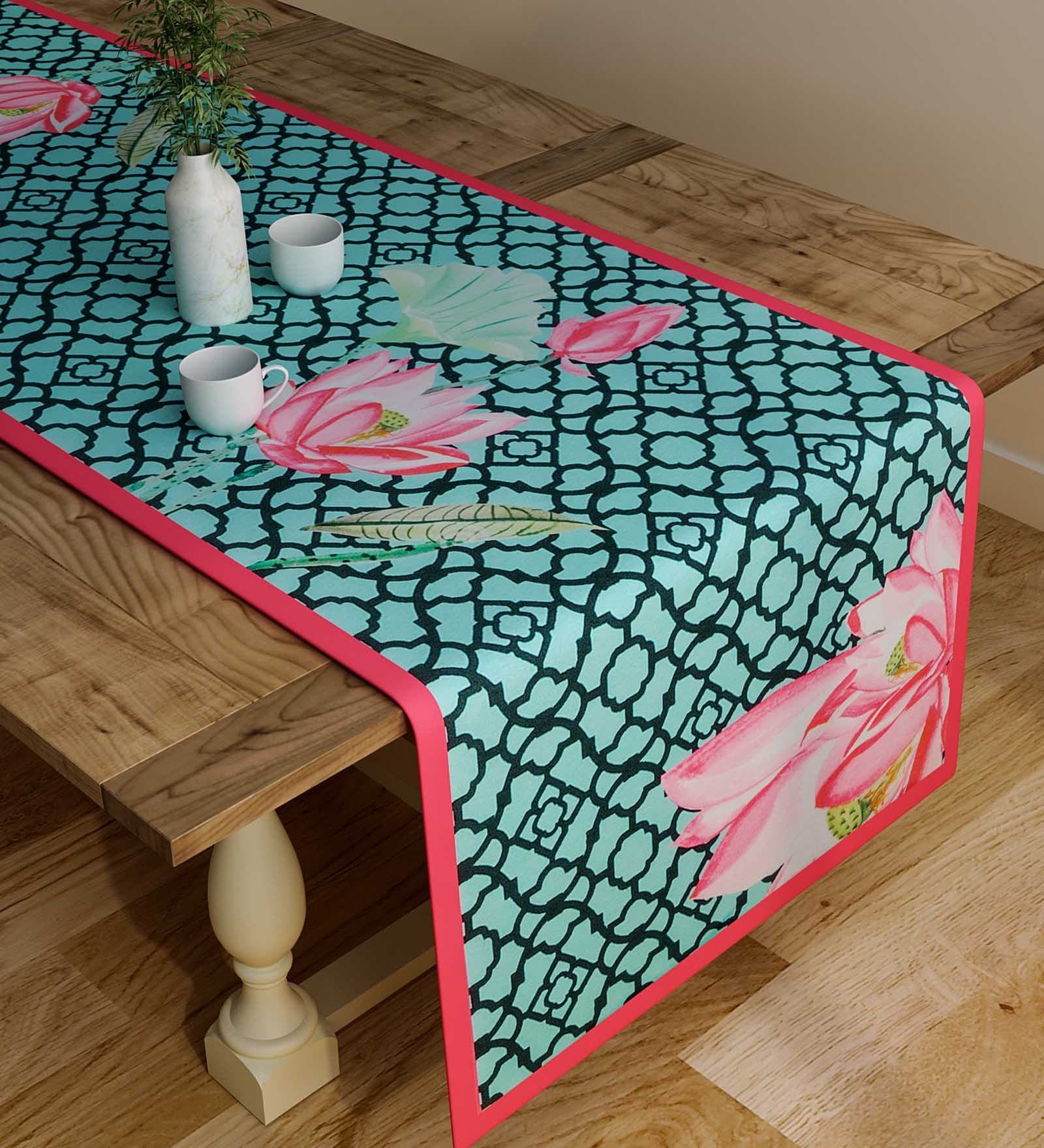 Floral (47x12) Light Blue & Pink Cotton Table Runner