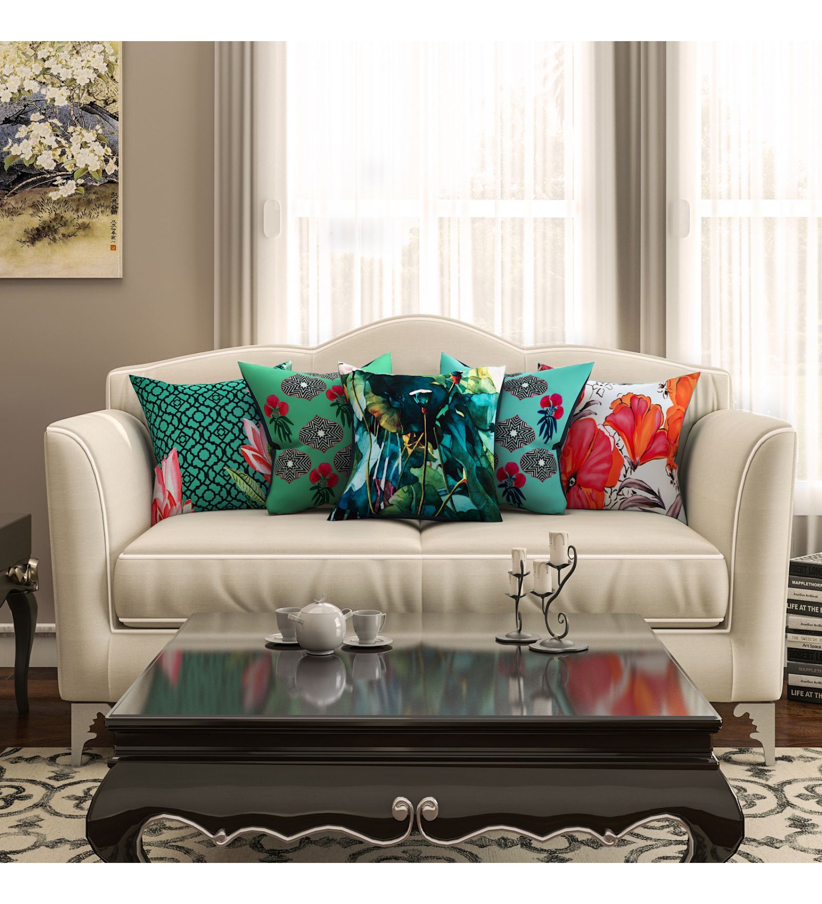 Cotton Floral Pattern 16X16 Inches Cushion Covers (Set Of 5)