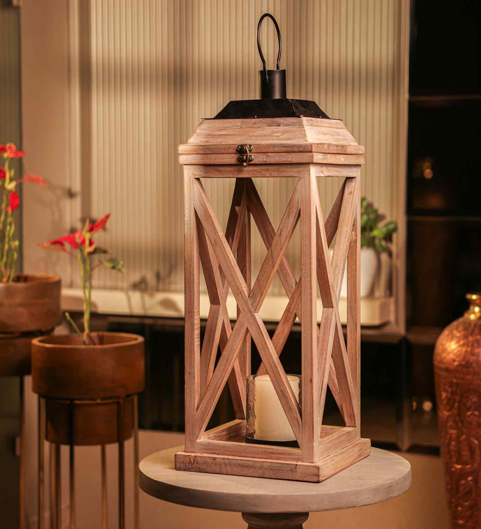 Selena Acacia Wood Lantern with Glass Selena Acacia Wood Lantern with Glass
