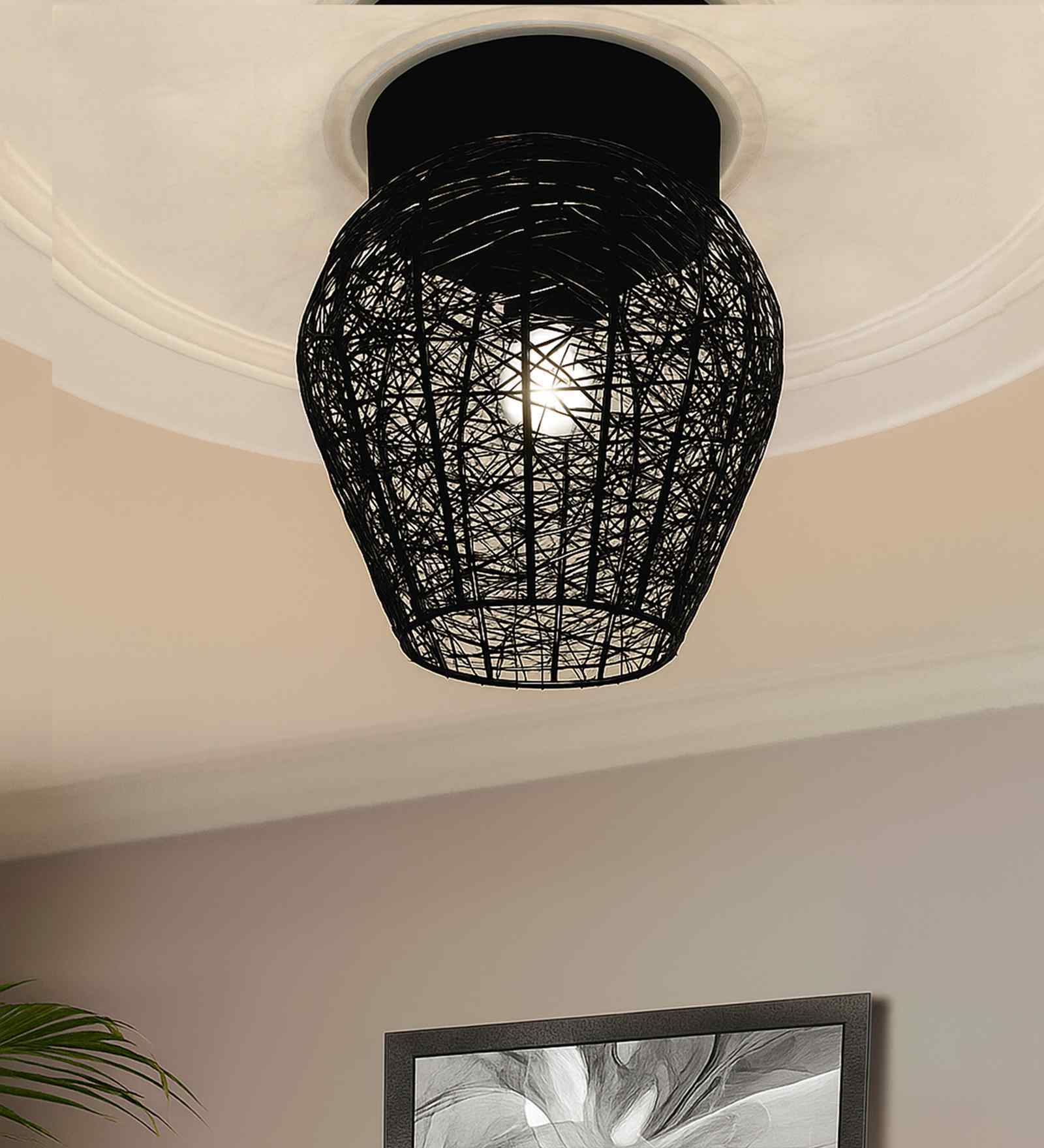 Semi Flush Mount Ceiling Light, 1-Light Black Industrial Fixture with Metal Mesh Shade