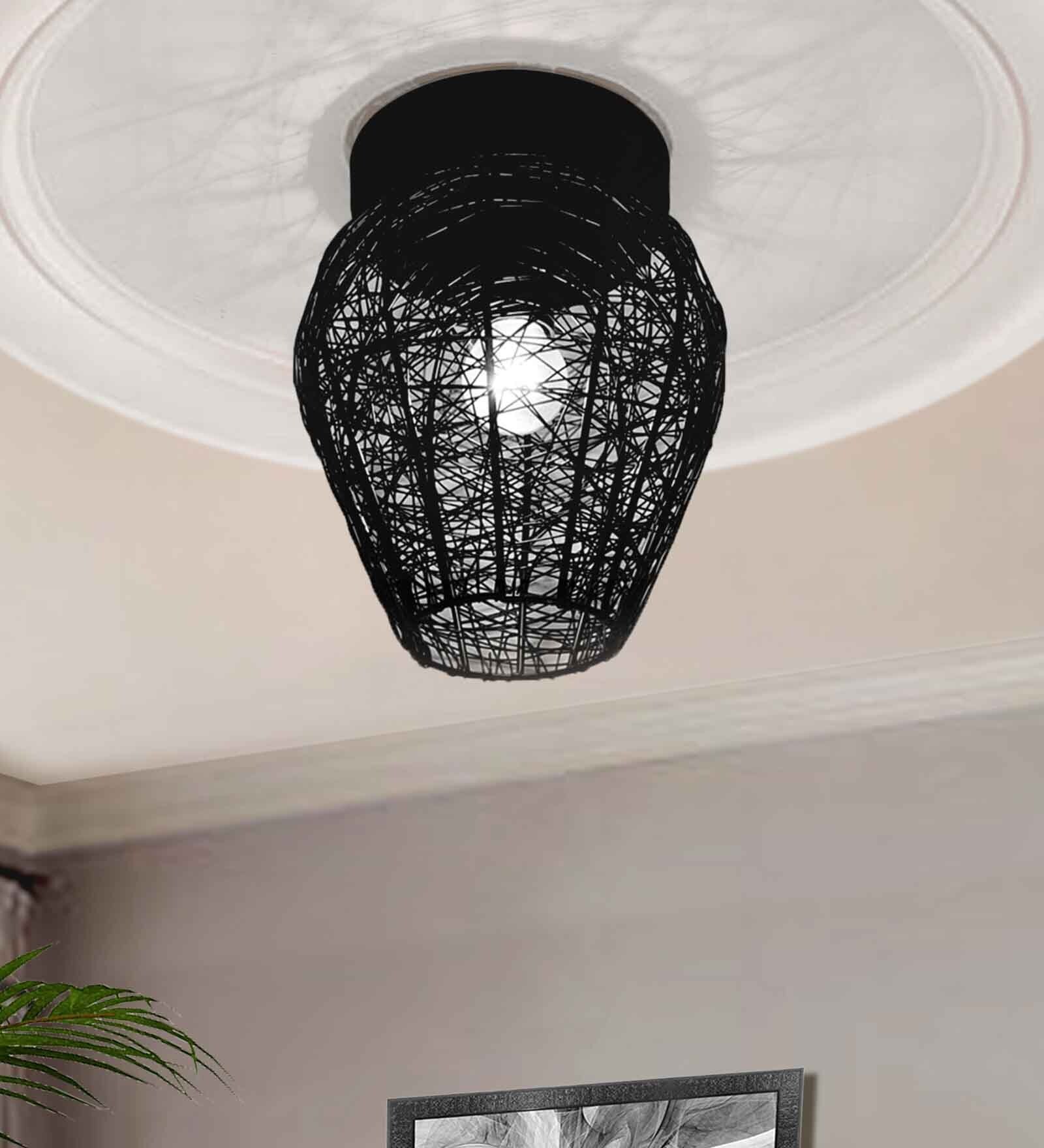 Semi Flush Mount Ceiling Light, 1-Light Black Industrial Fixture with Metal Mesh Shade