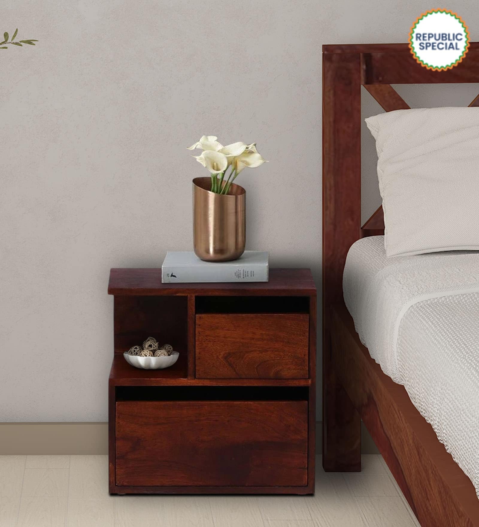 Sencillo Z Solid Wood Lhs Bedside Table In Honey Oak Finish With Drawers