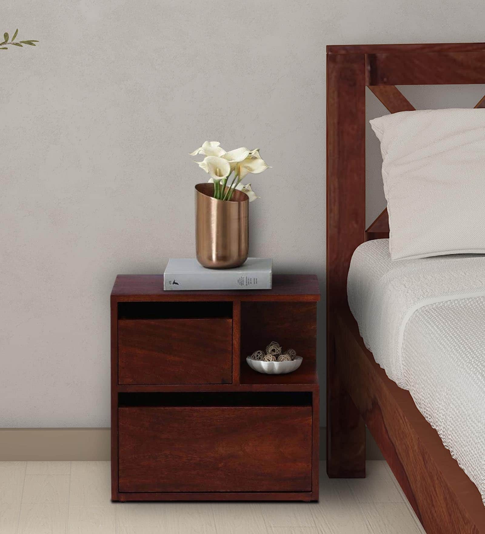 Sencillo Z Solid Wood Rhs Bedside Table In Honey Oak Finish With Drawers