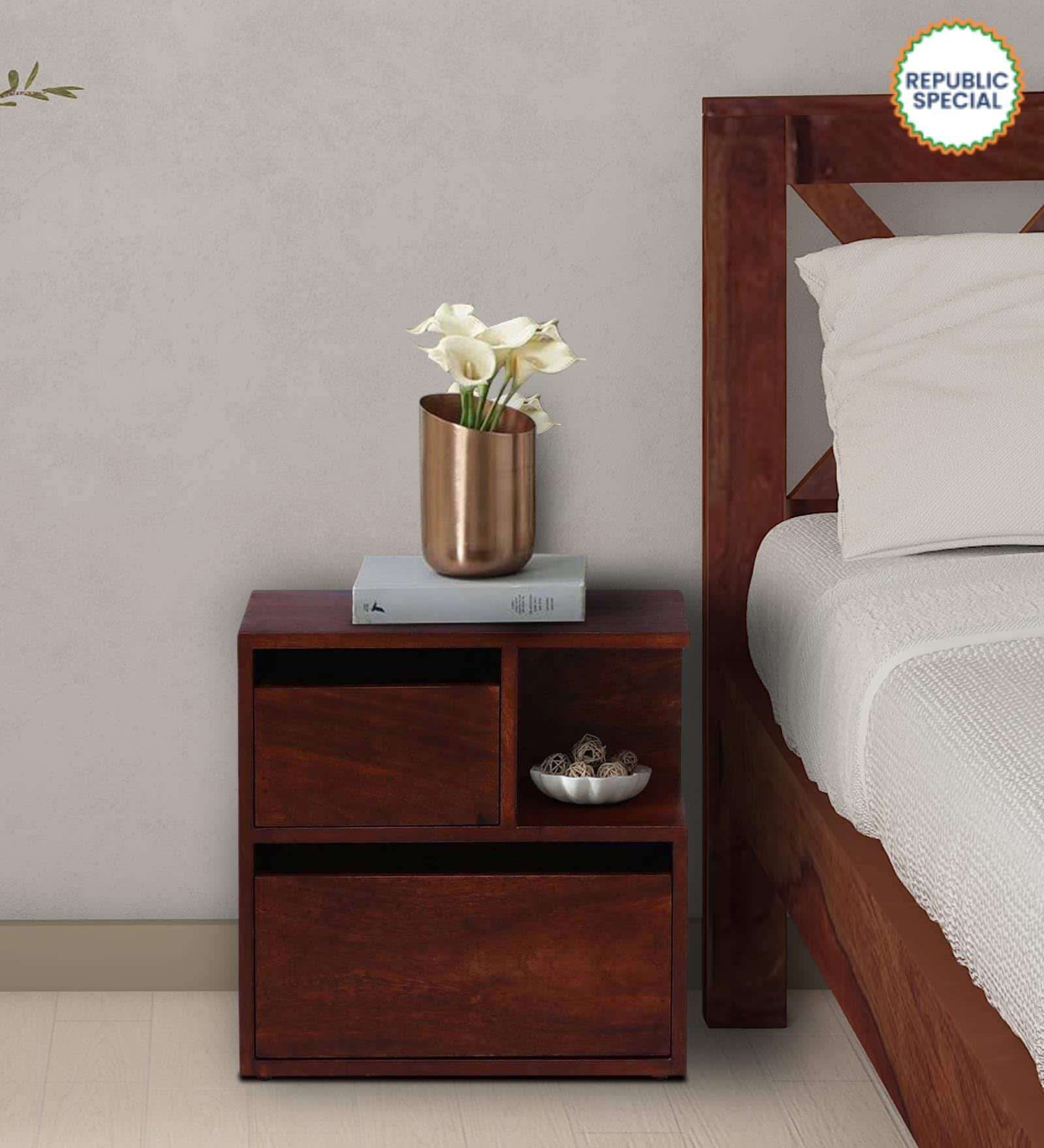 Sencillo Z Solid Wood Rhs Bedside Table In Honey Oak Finish With Drawers