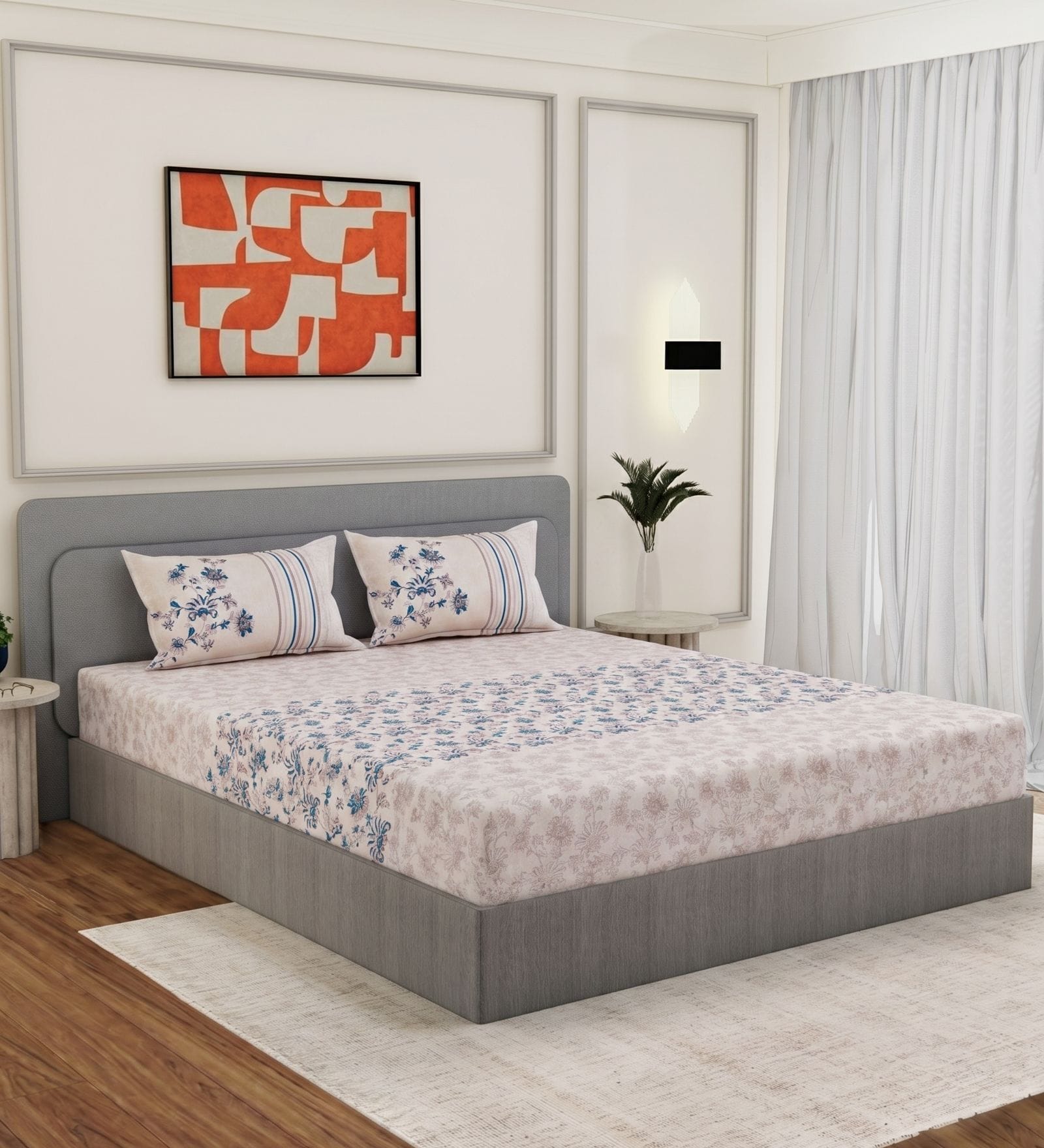 Blue Floral 144 TC Cotton King Sized Bedsheet With 2 Pillow Covers