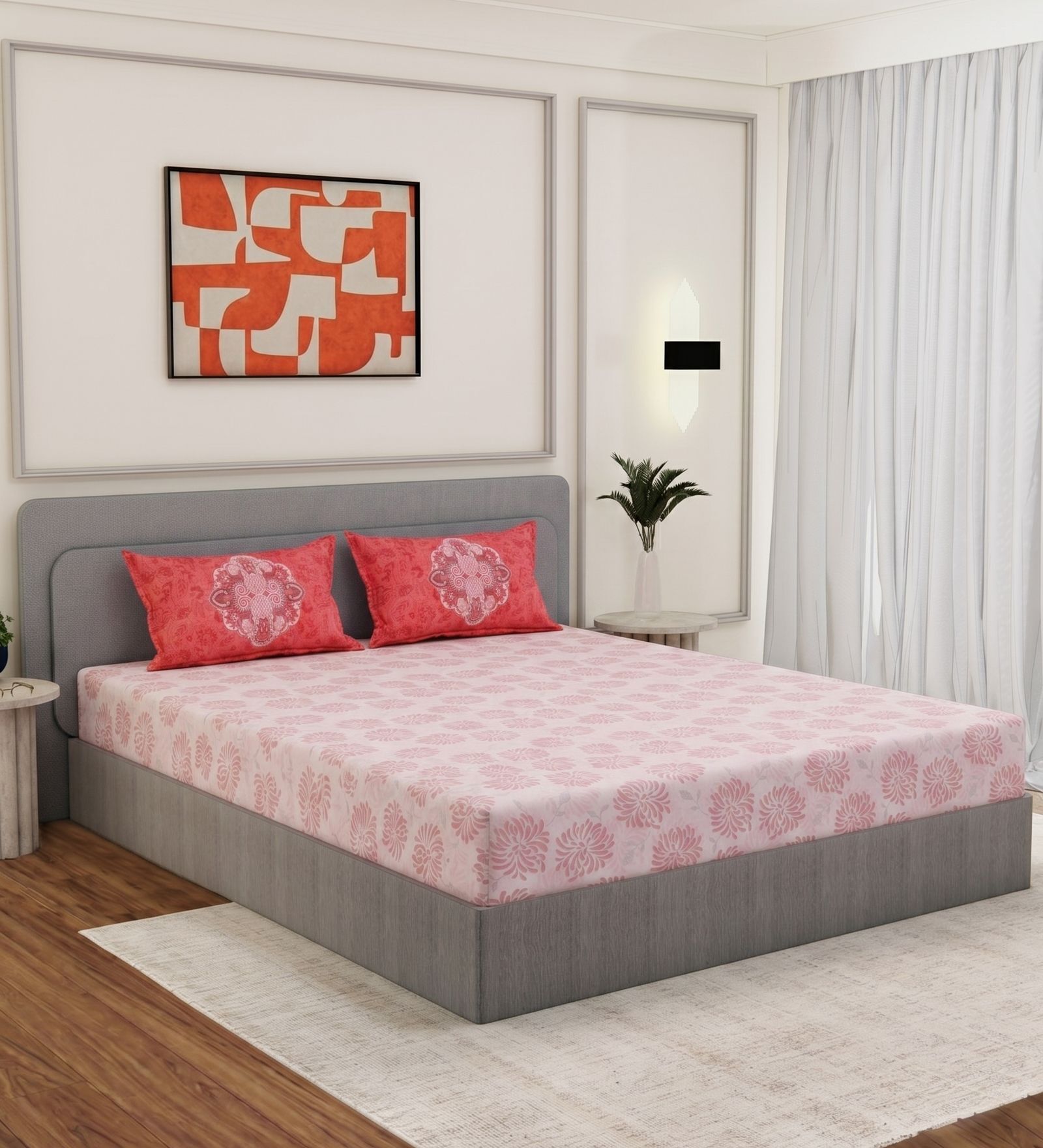 Peach Floral 144 TC Cotton King Sized Bedsheet With 2 Pillow Covers