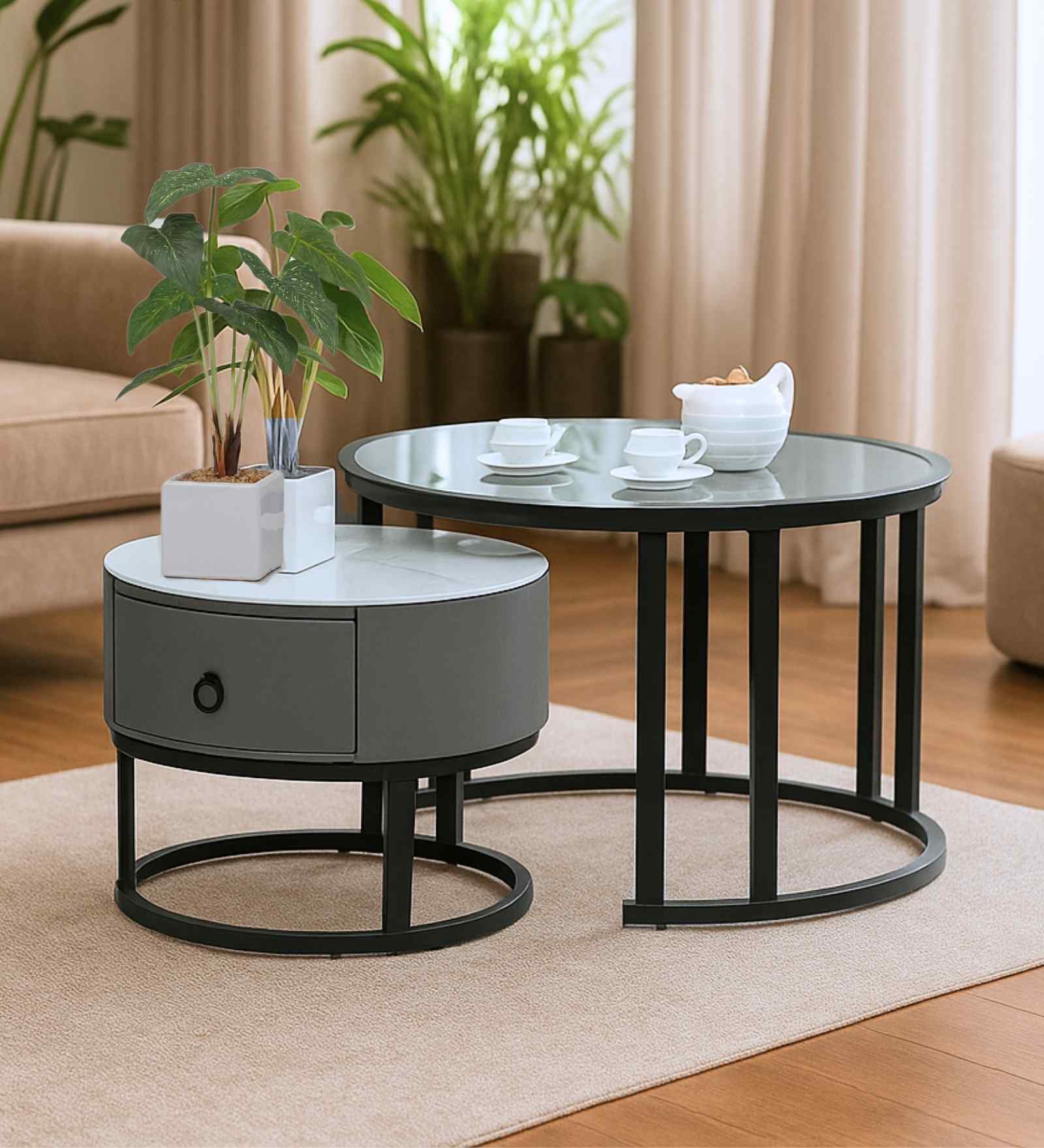 Sepang Malaysian Sintered Stone & Glass Top Coffee Table Set Of 2 In Grey Finish