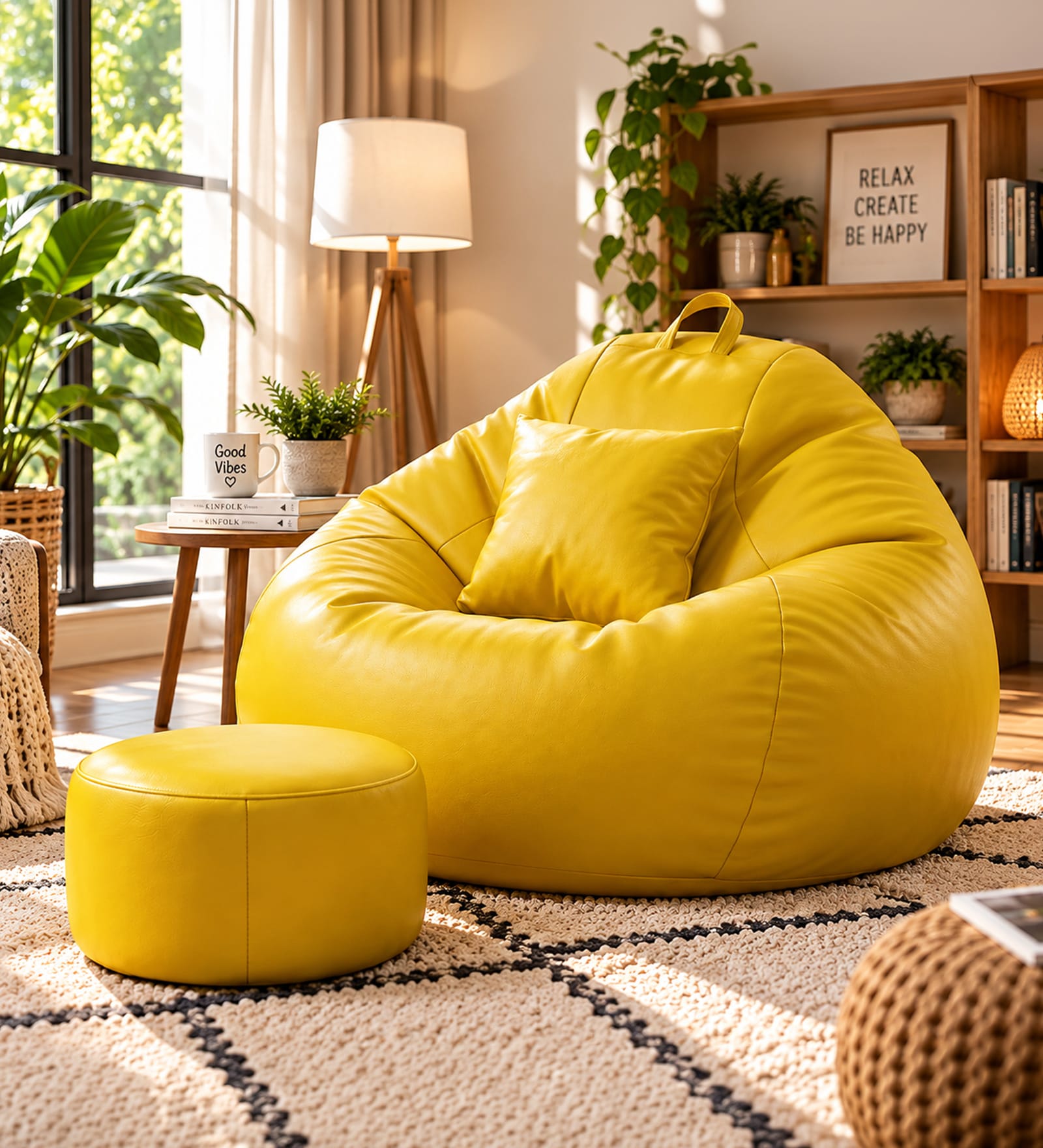 Serene 3XL Leatherette Bean Bag With Beans With Footrest & Cushion In Yellow Colour Serene 3XL Leatherette Bean Bag With Beans With Footrest & Cushion In Yellow Colour