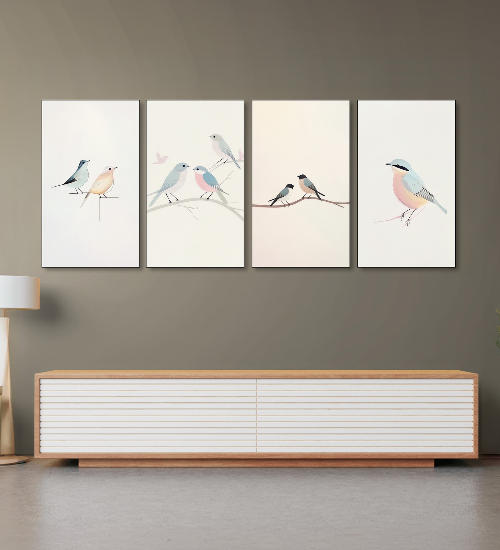 Bird Art Set of 4 Canvas Wall Painting Black Frame