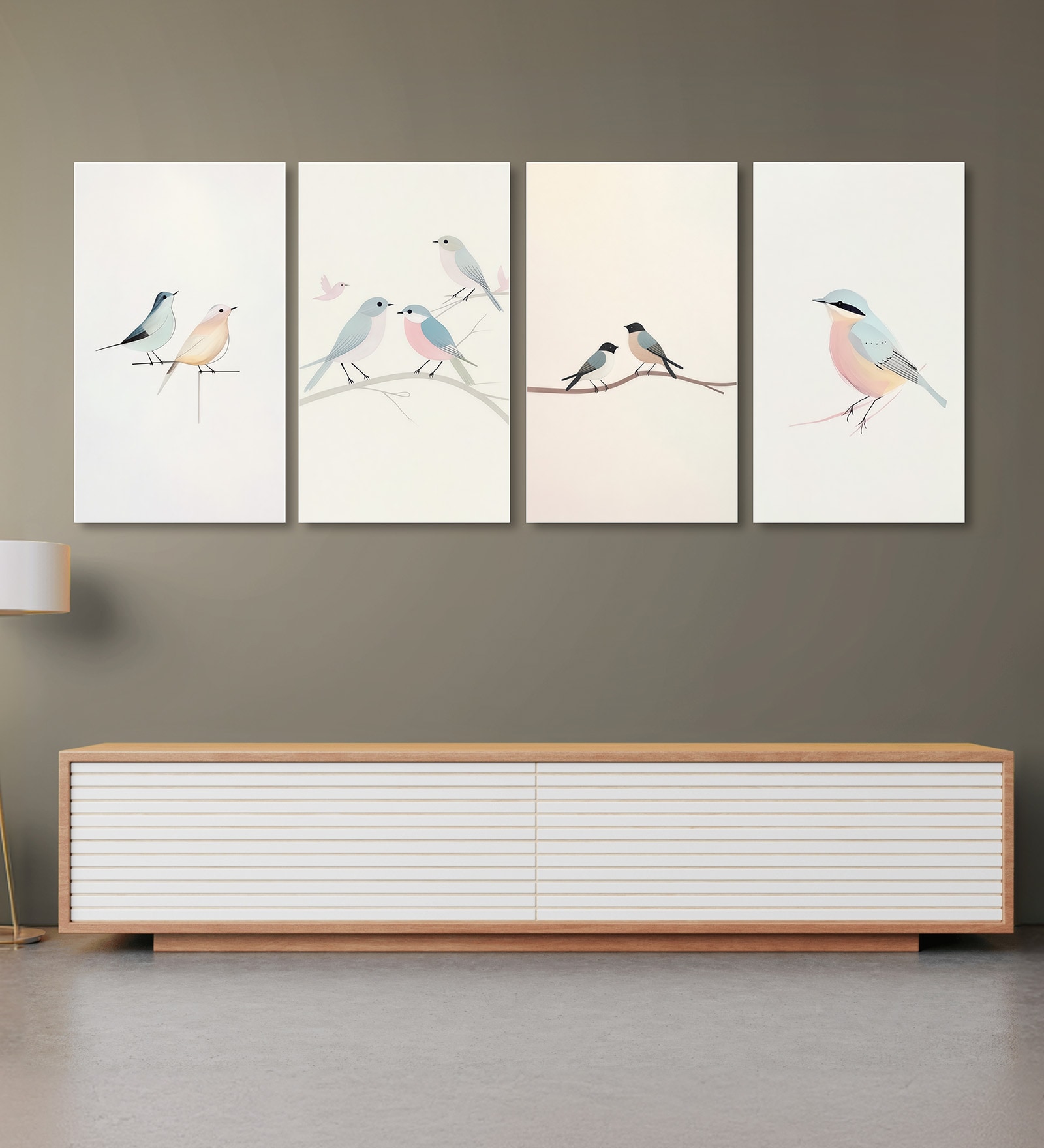 Bird Art Set of 4 Canvas Wall Painting White Frame