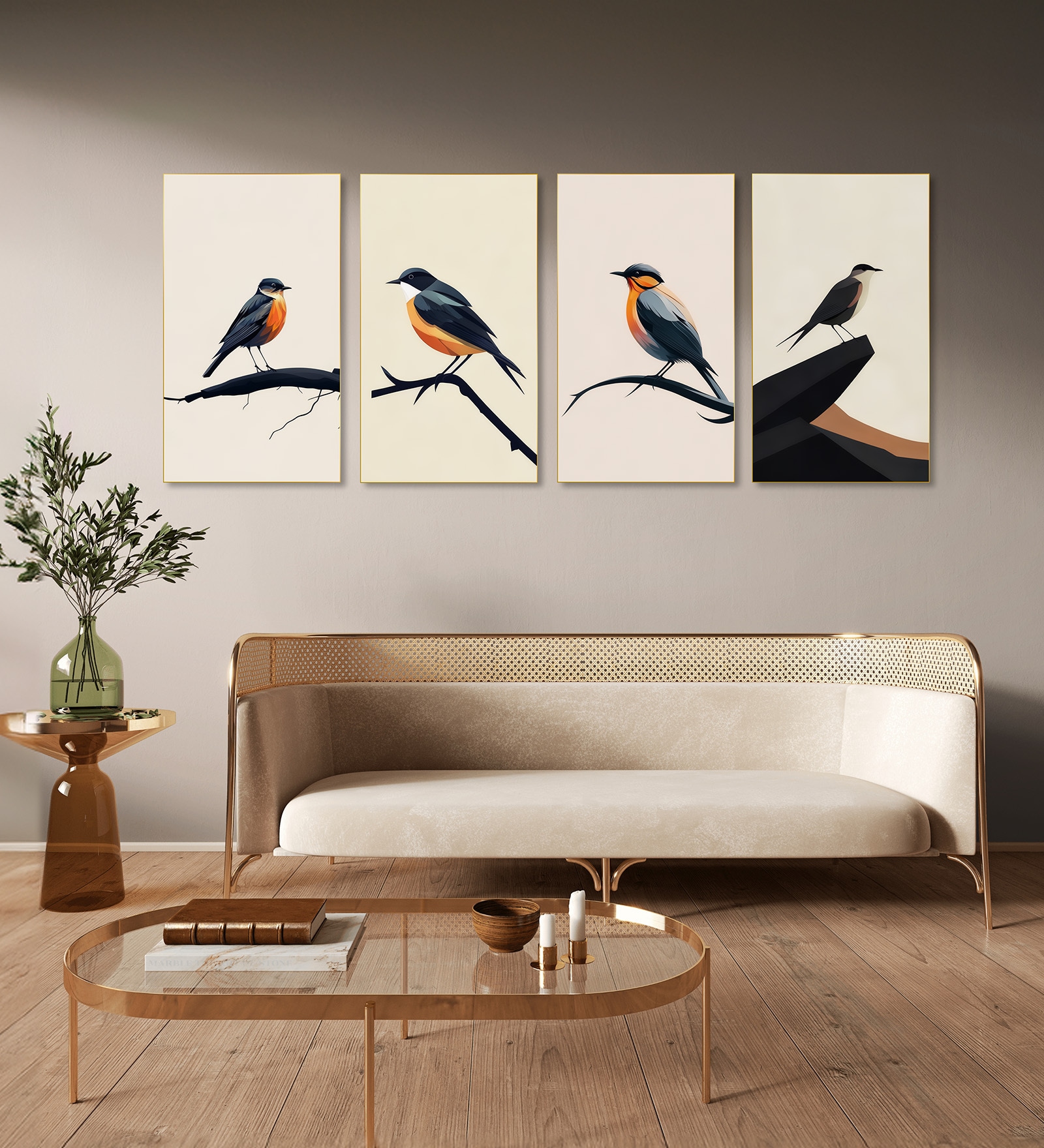 Bird Wall Art Collection Set of 4 Canvas Wall Painting Gold Frame