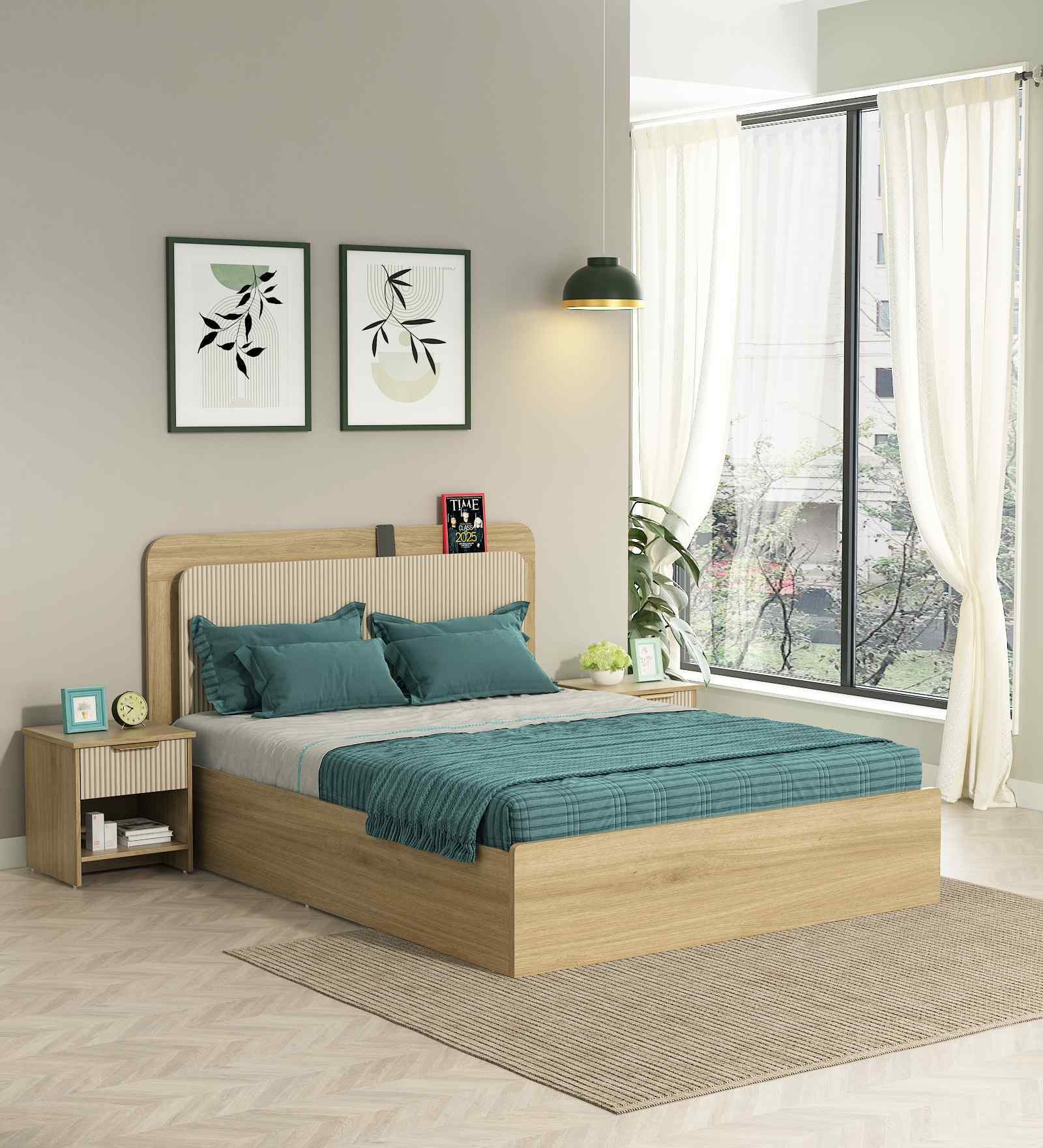 Serene King Size Bed With Hydraulic Storage In Santana Oak & Bamboo Flute Finish