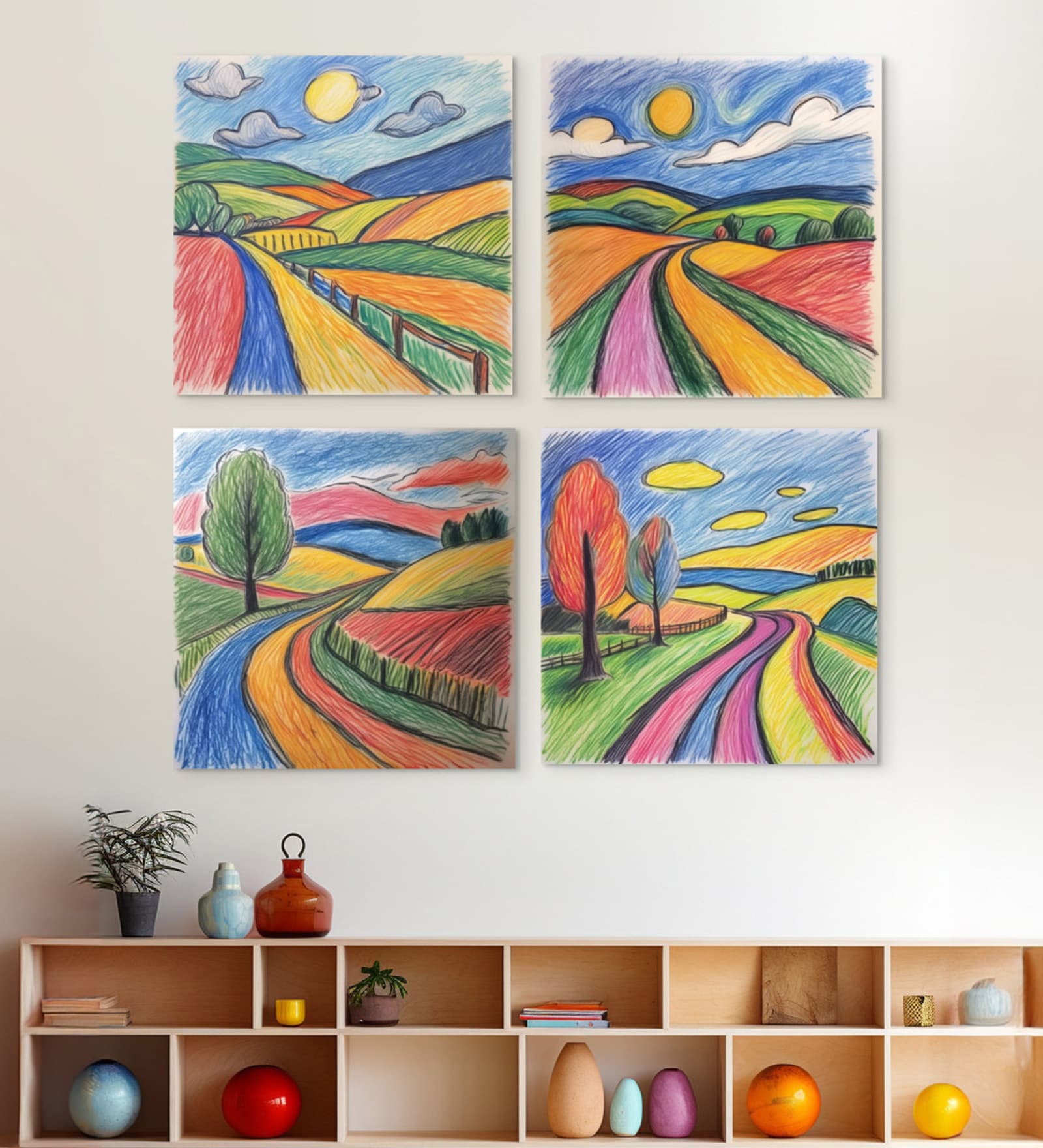 Landscape Canvas Wall Painting Set of 4 Gold Frame