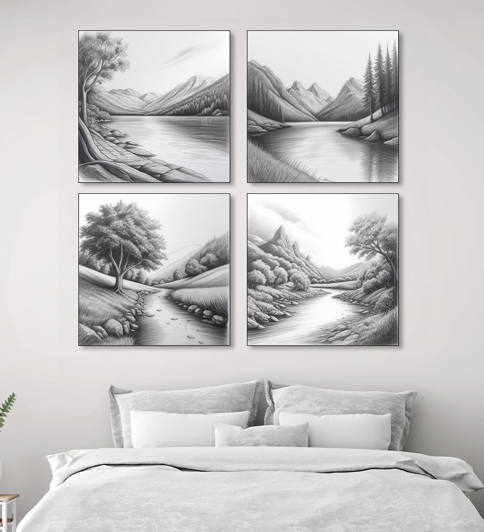 Tree Art Set of 4 Canvas Printed Wall Painting Black Frame