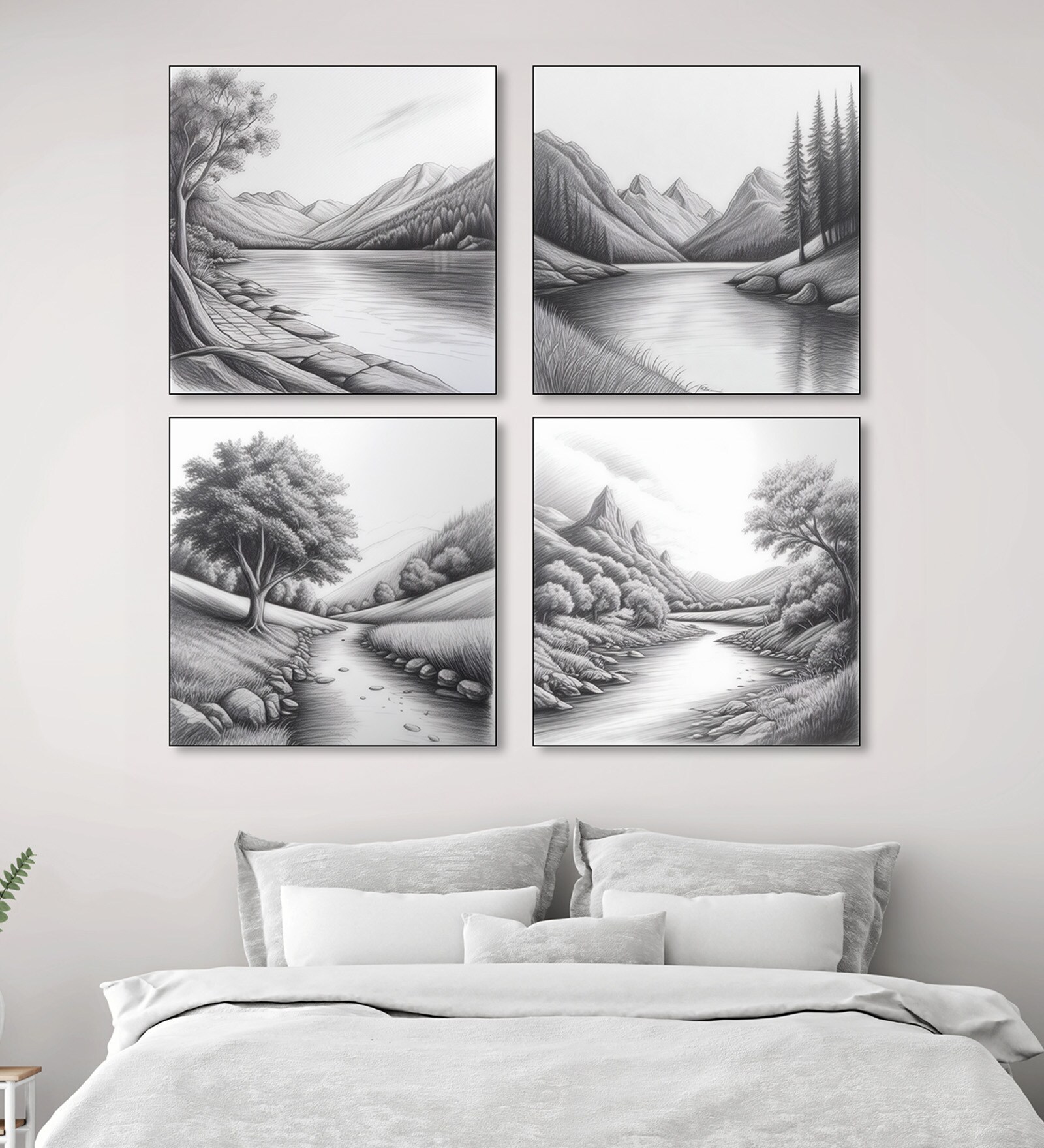 Tree Art Set of 4 Canvas Printed Wall Painting Black Frame