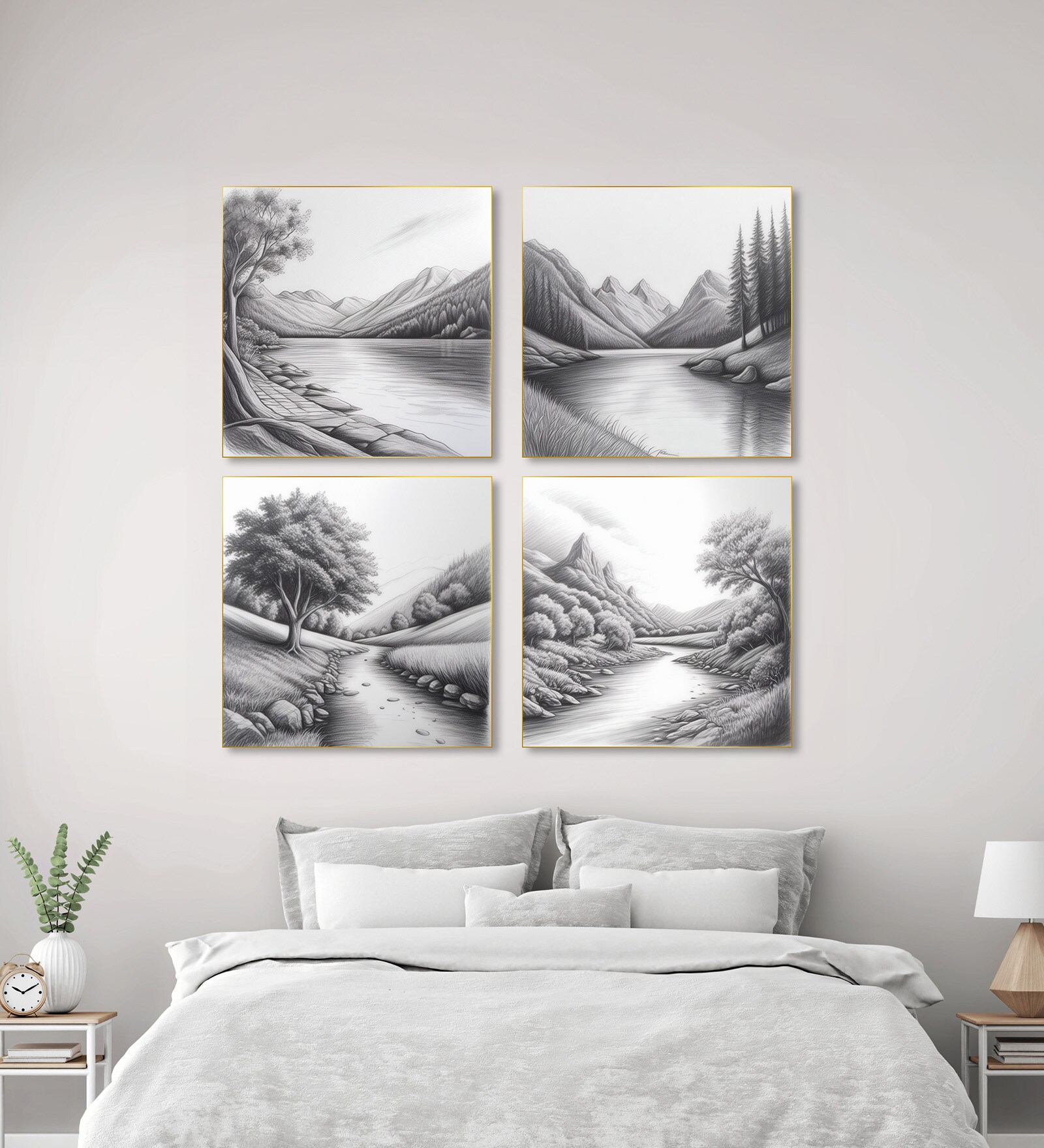 Tree Art Set of 4 Canvas Printed Wall Painting Gold Frame