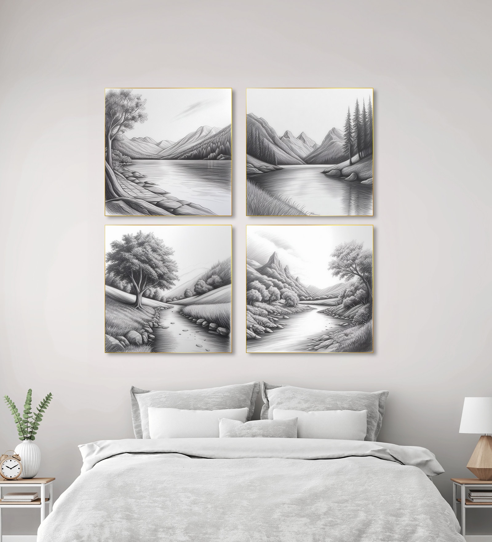 Tree Art Set of 4 Canvas Printed Wall Painting Gold Frame