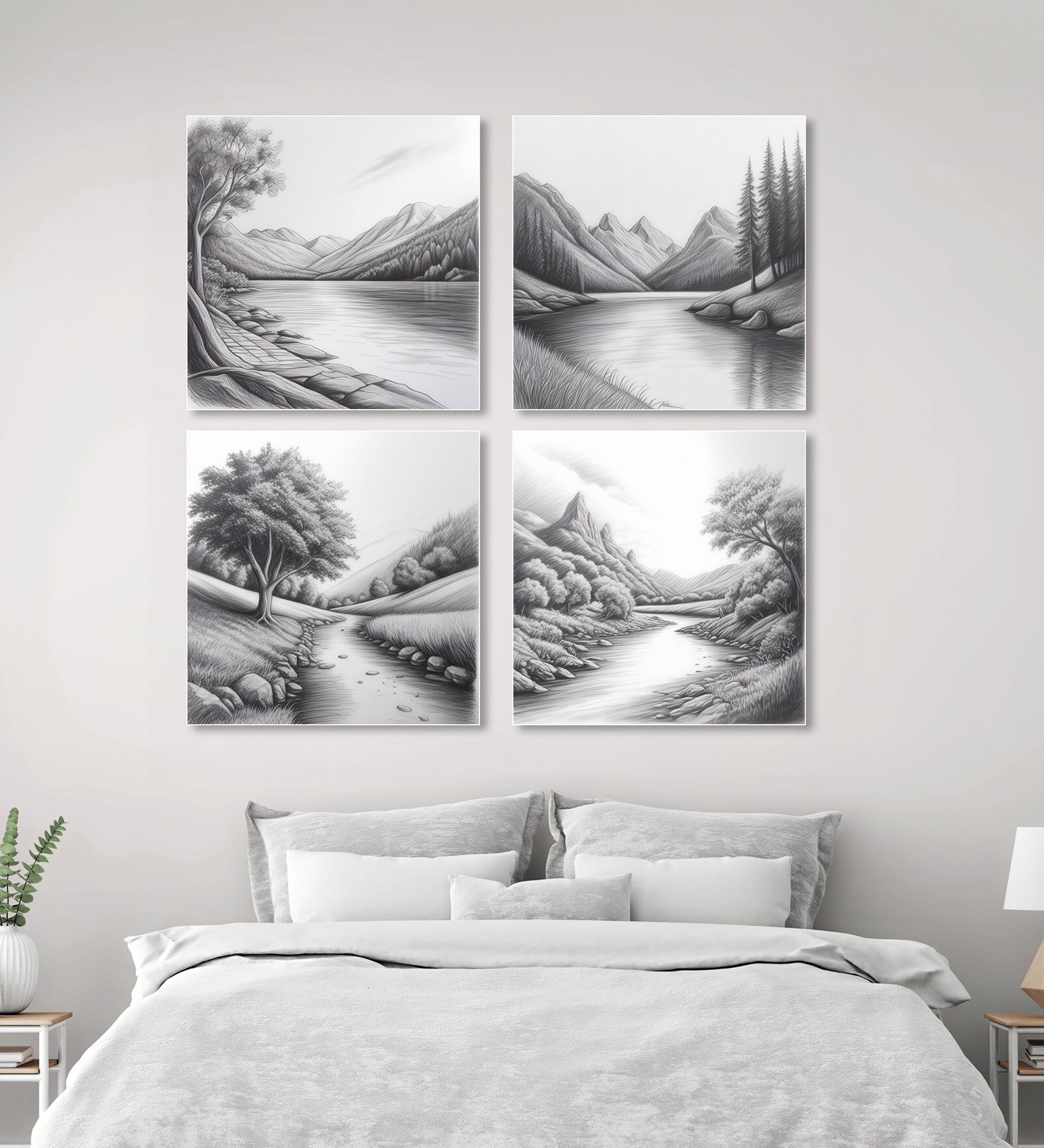 Tree Art Set of 4 Canvas Printed Wall Painting White Frame