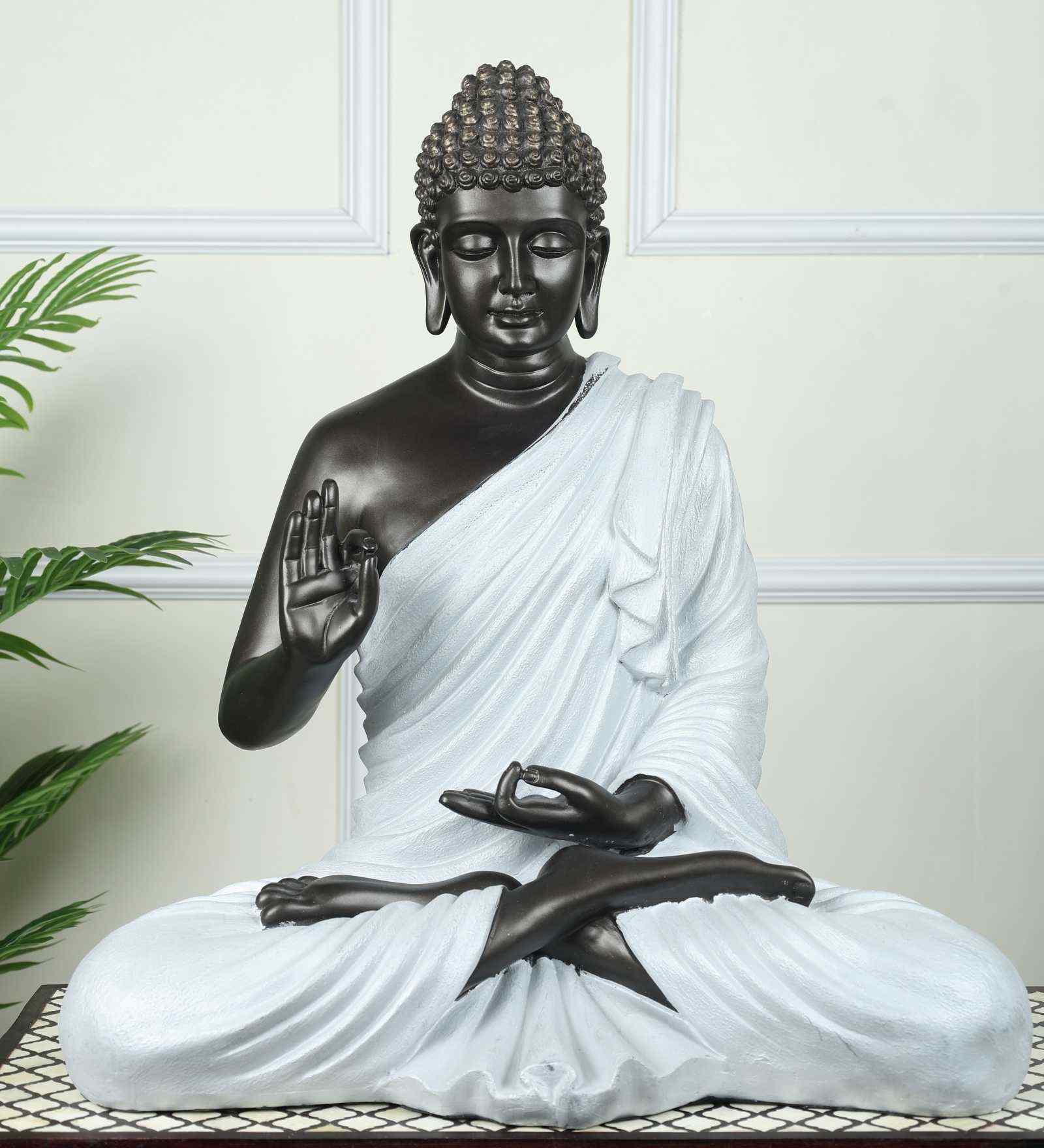 Serene Seated Black & White Buddha Statue Elegant Decorative Idol