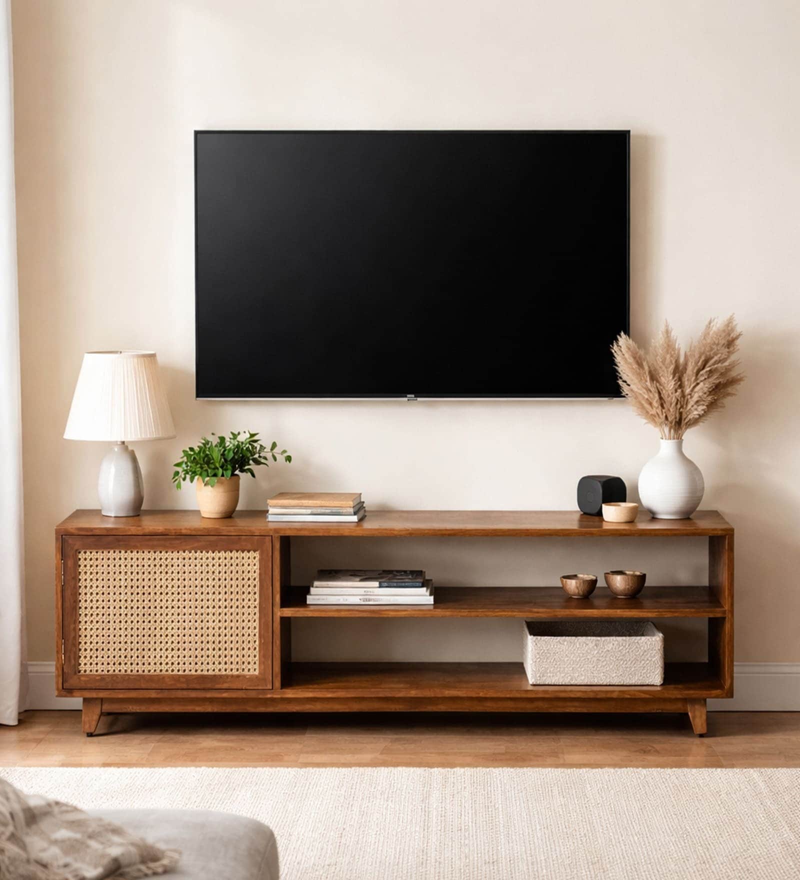 Serene Sheesham Wood Open Shelf TV Console In Provincial Teak Finish