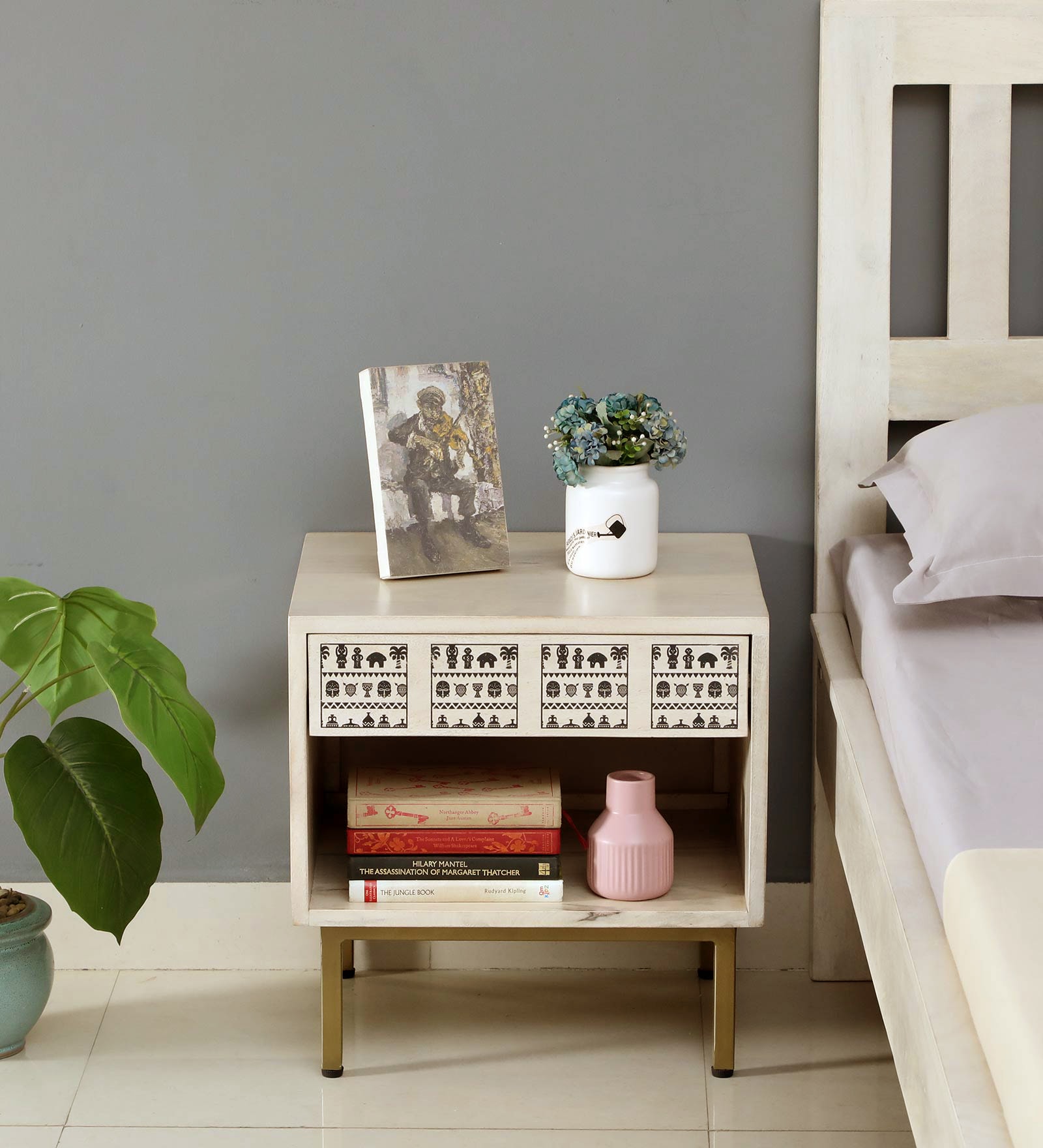 Serengeti Solid Wood Bedside Table In Whitewash Finish With Drawer