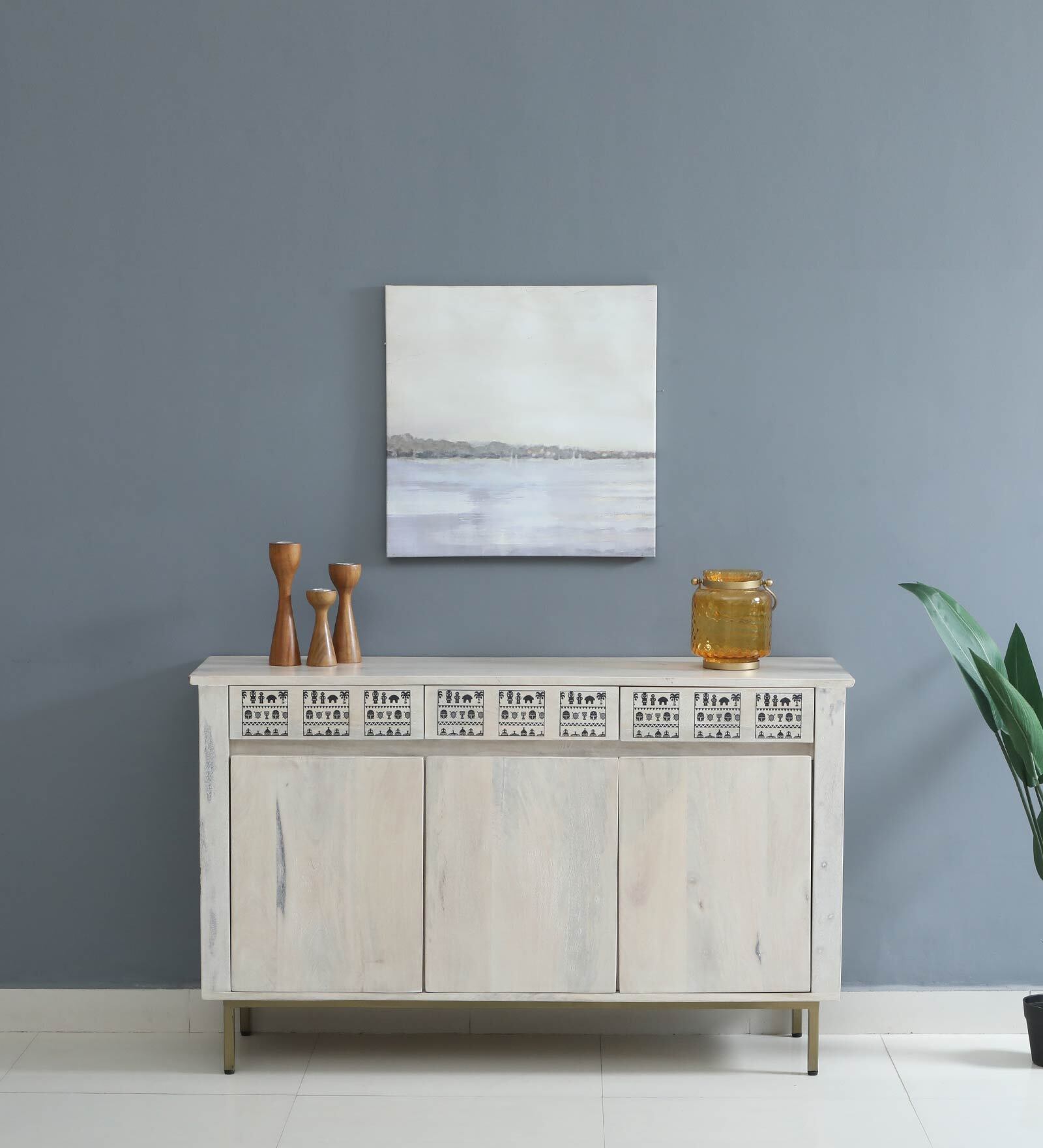 Buy Serengeti Solid Wood Sideboard In Whitewash Finish With Drawers at ...